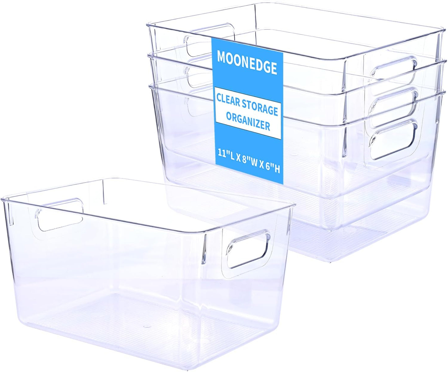 4 Pack Open Clear Plastic Storage Bins 11"x8"x6" Stackable Organizer Containers with Handle for Kitchen, Pantry, Fridge, Bathroom,Cabinet,Closet Storage