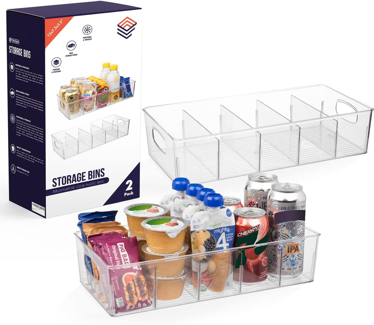 Plastic Pantry Organization and Storage Bins with Removable Dividers – XL Perfect Kitchen / Refrigerator/ Cabinet Organizers, 2 Pack
