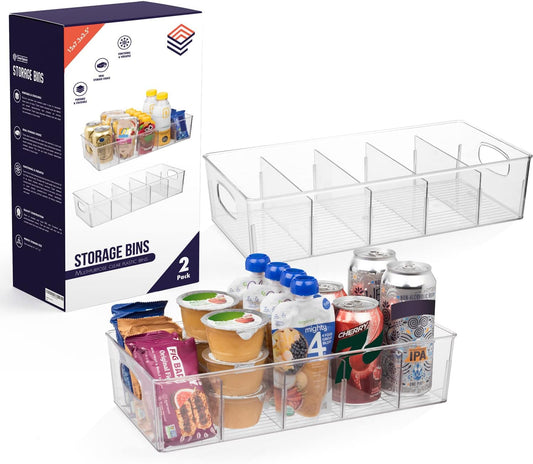Plastic Pantry Organization and Storage Bins with Removable Dividers – XL Perfect Kitchen / Refrigerator/ Cabinet Organizers, 2 Pack