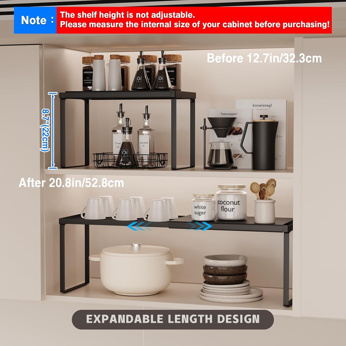 Expandable Cabinet Shelf Organizer, 2 Pack Stackable Kitchen Counter Shelf Riser