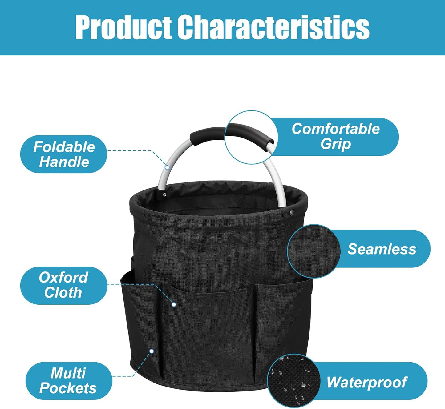 17L Cleaning Caddy with Handle, Cleaning Supply Caddy Foldable Tool Bag Cleaning Products Organizers Portable Cleaning Bucket Organiser for Storing Towels (Black)