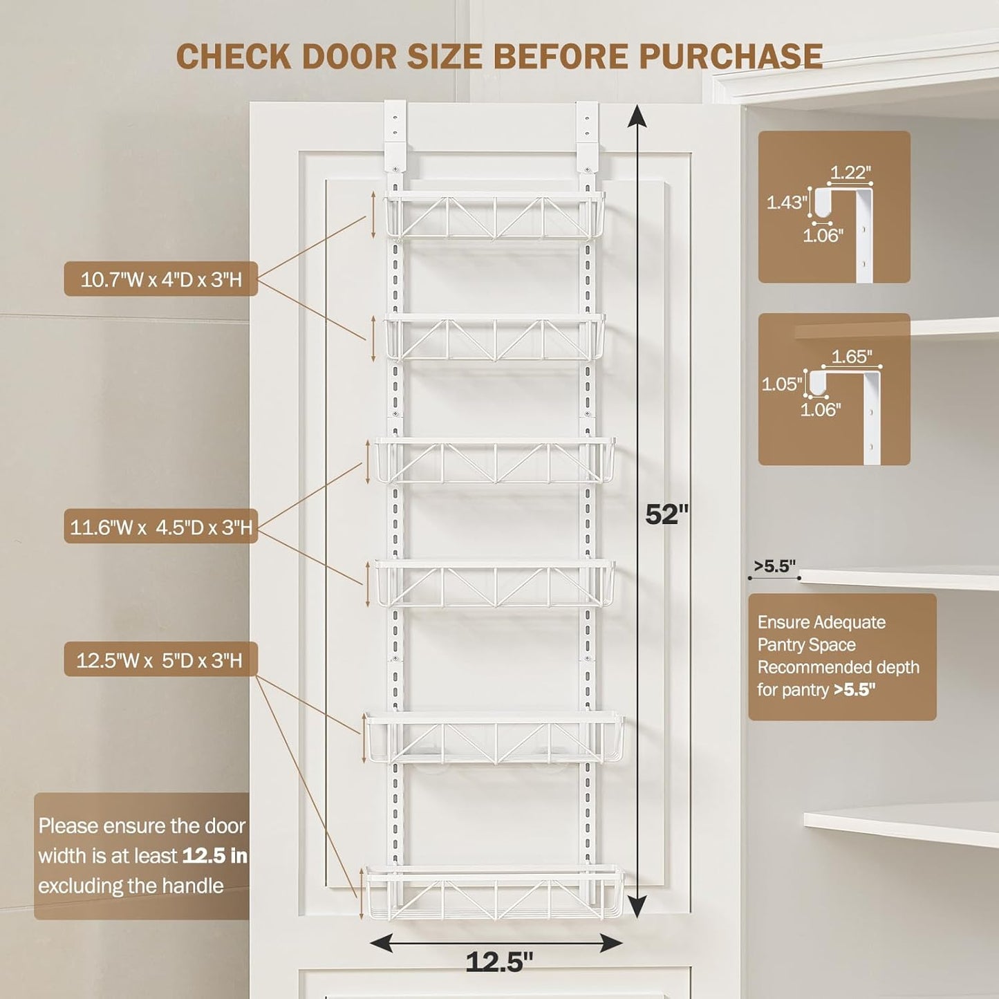 White Narrow 6-Tier Over the Door Pantry Organizer, Adjustable Metal Hanging Spice Rack