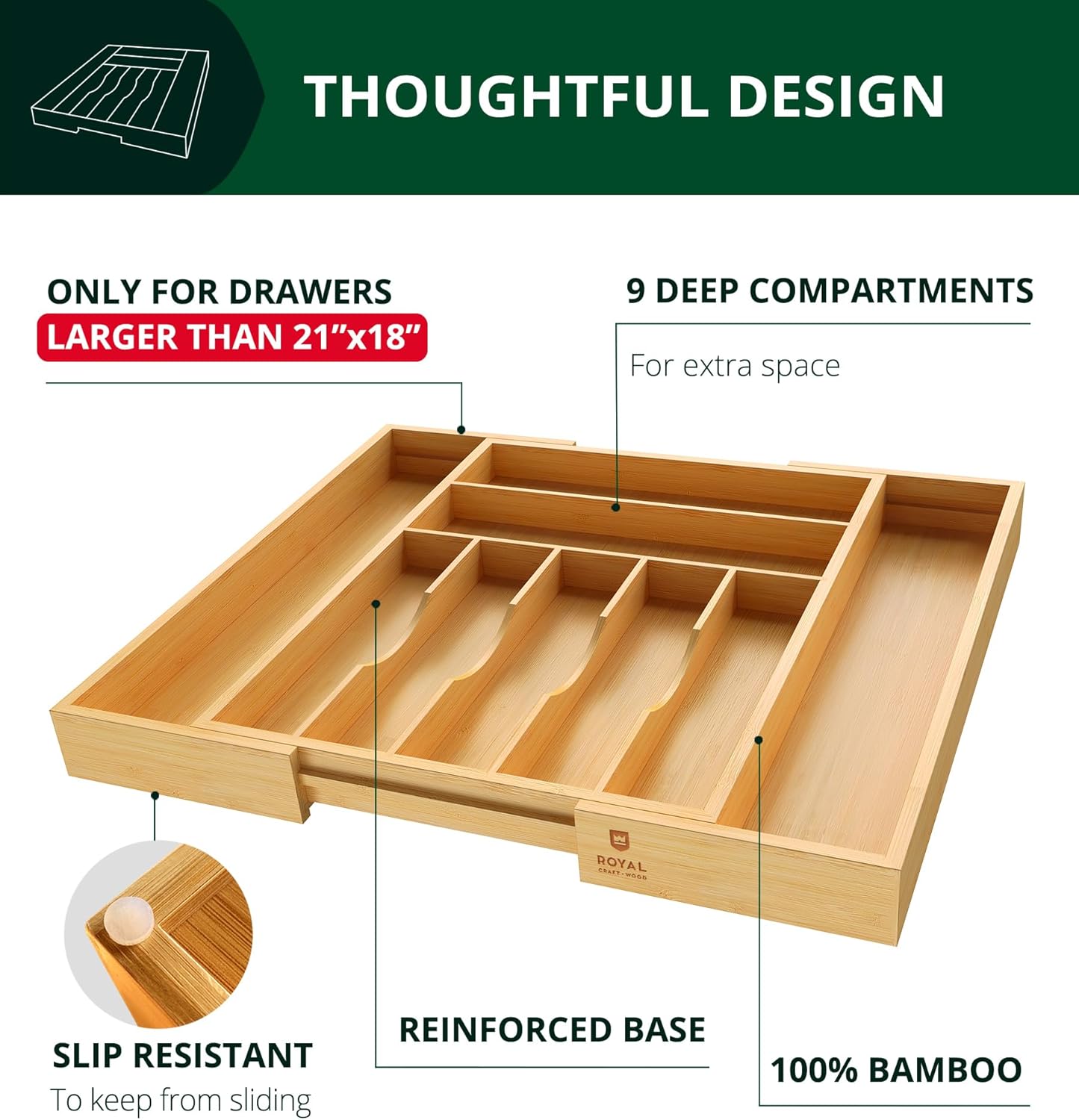 Luxury Bamboo Kitchen Drawer Organizer - Silverware Organizer