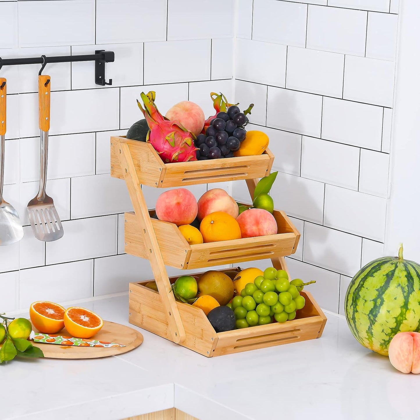 Fruit Basket, 3 Tier Bamboo Fruit Bowl for Kitchen, Stand Storage Holder
