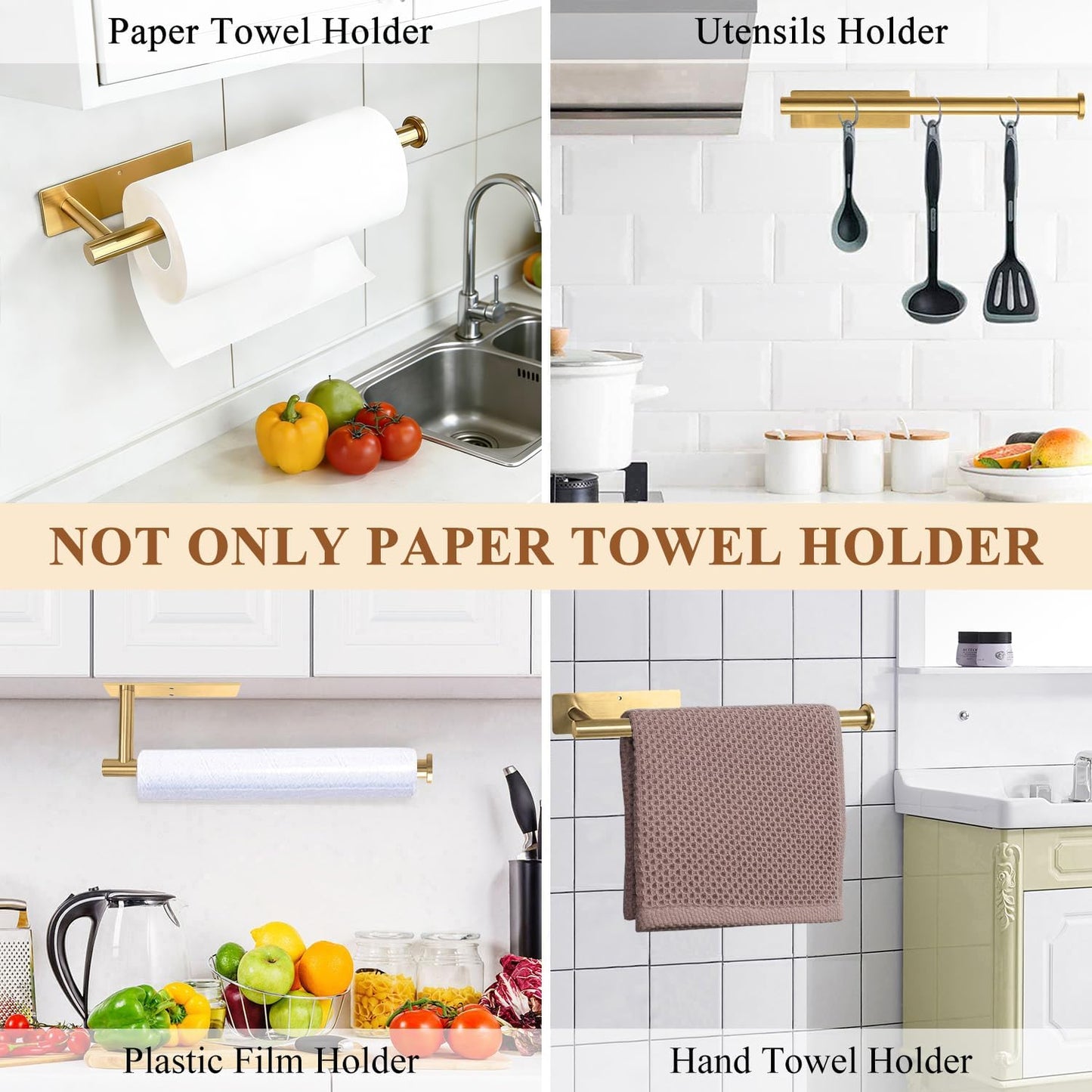 Gold Paper Towel Holder Under Cabinet, Self Adhesive Paper Towel Roll Holder Stick on Wall