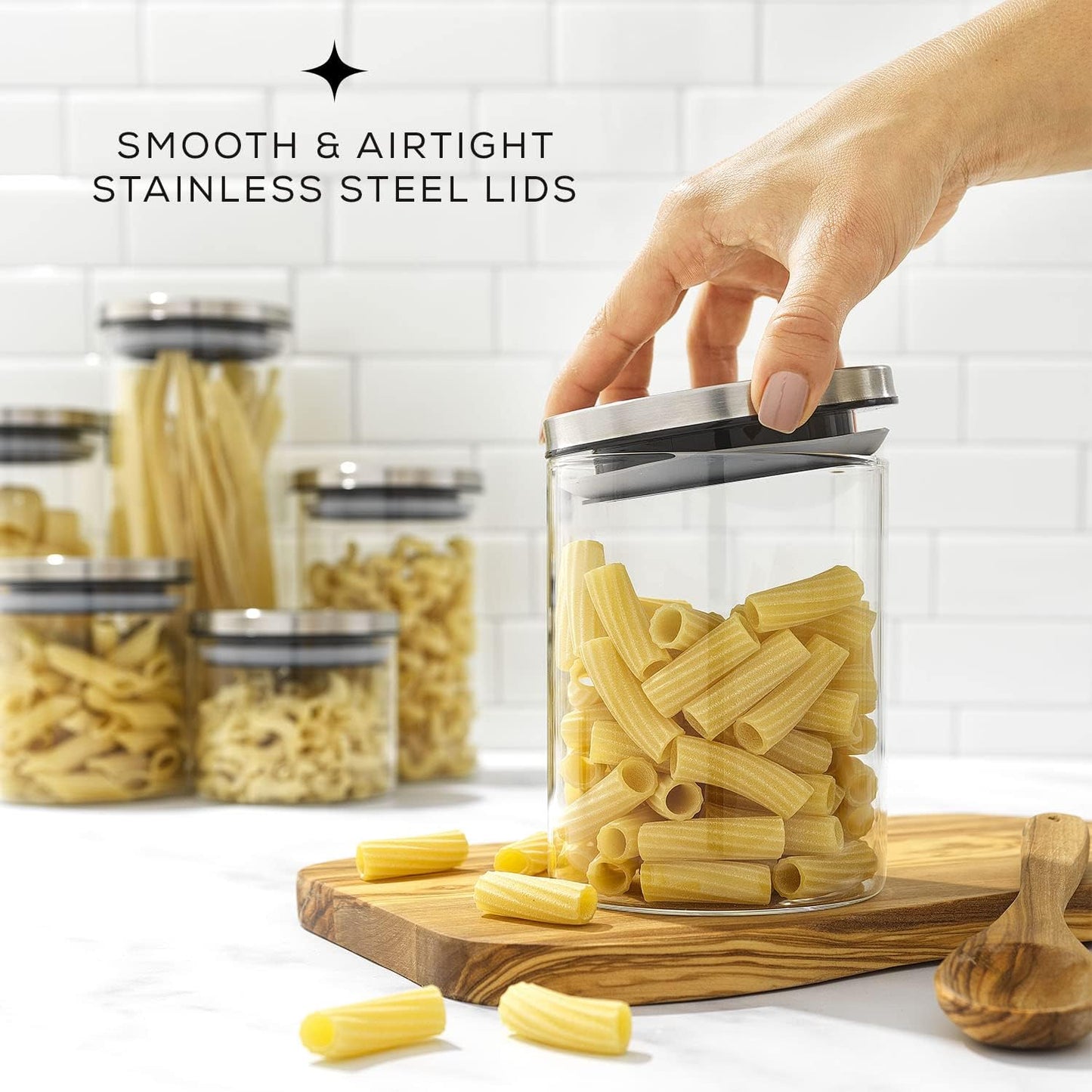 Kitchen Canister Set. 6 Glass Jars with Lids (Stainless Steel) Lids. Airtight Food Storage Containers for Pantry or Counter. Versatile Pantry Organization, Sugar Container or Cereal Canisters