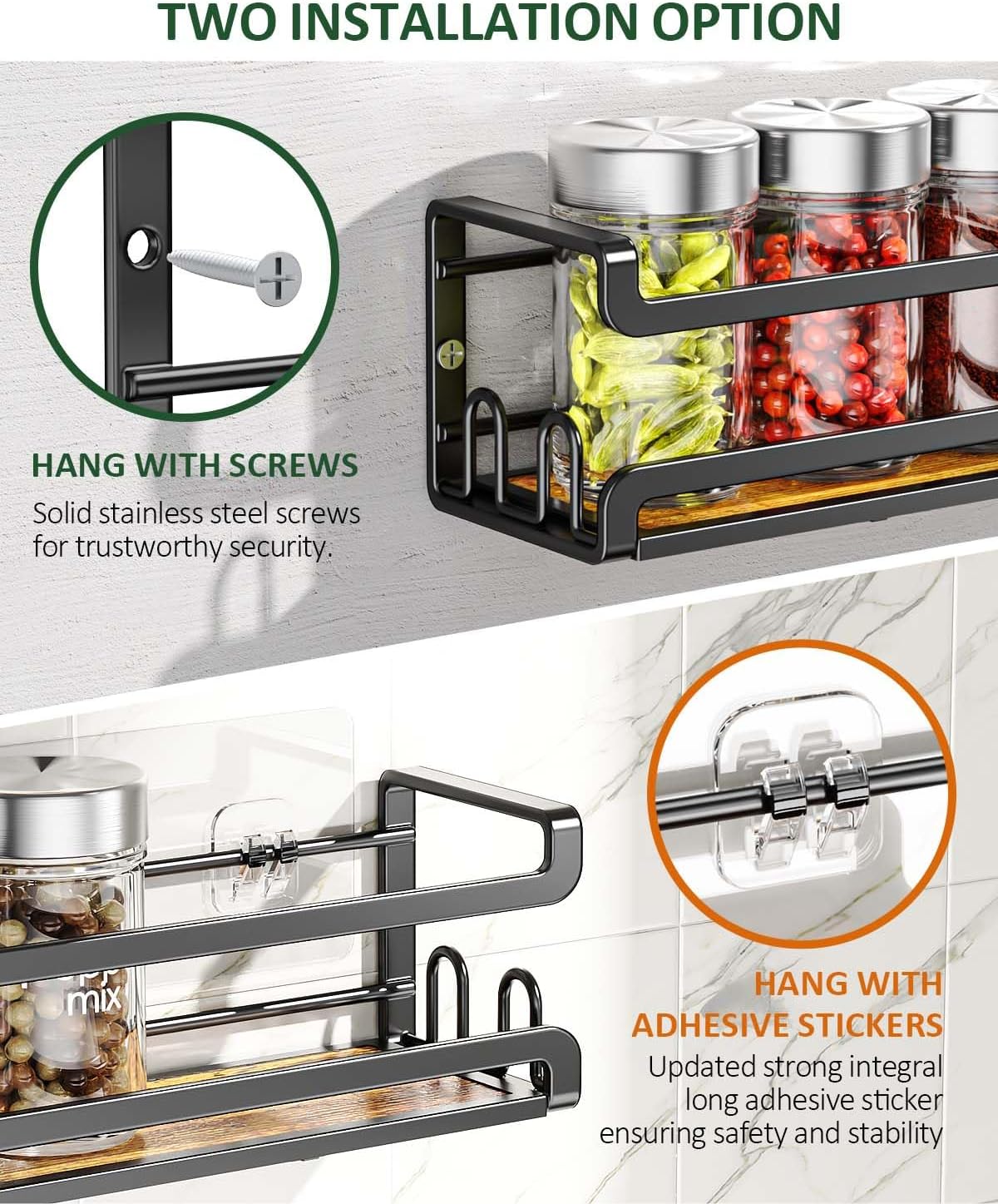 Wall Mounted Spice Rack with 16 Hooks, Rustic Wood Spice Organizer Shelf for Stove Cabinet Pantry Door,Screw or Adhesive Hanging Spice Shelf,Wall Spice Rack in Kitchen and RV,4 Pack