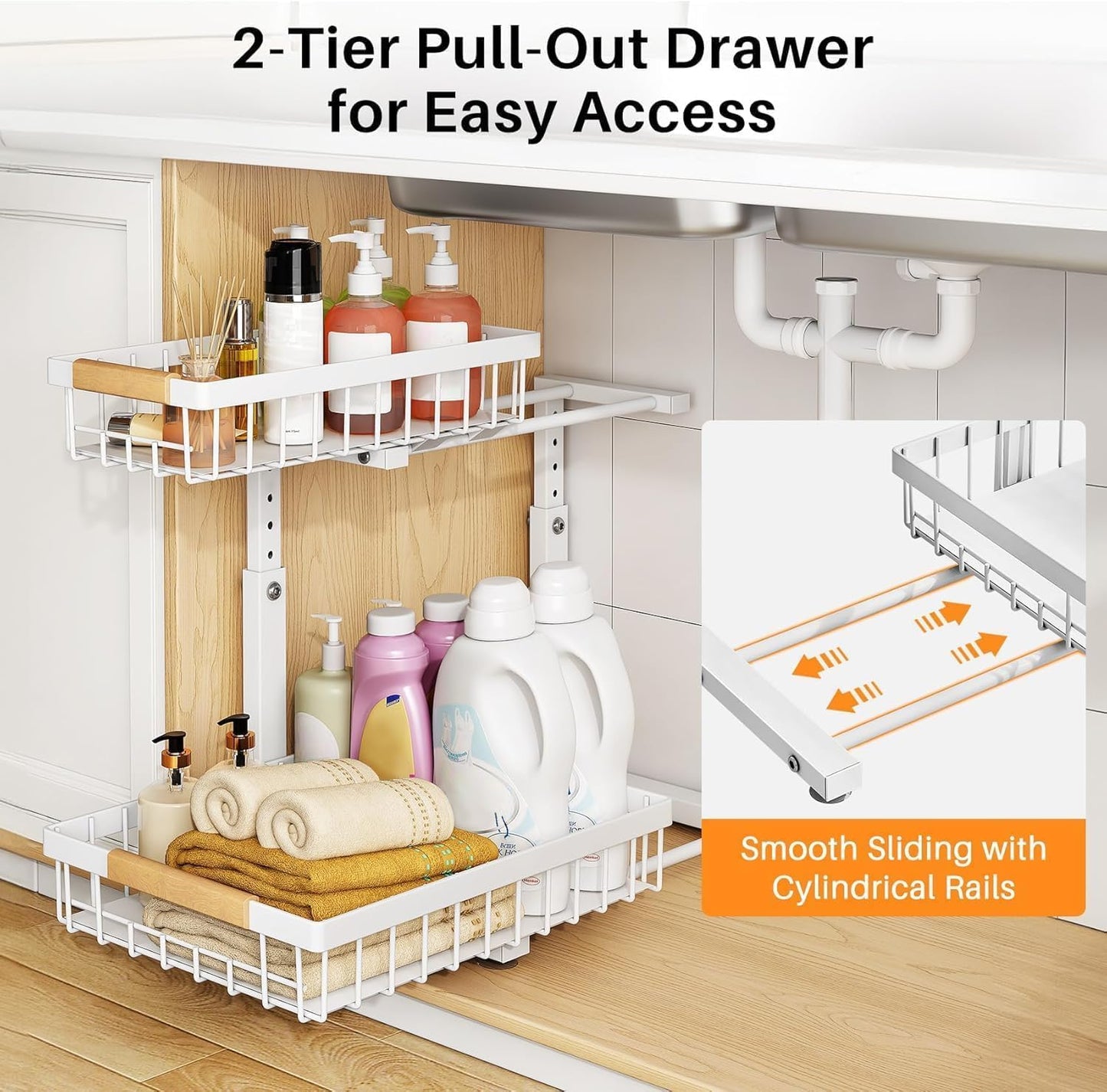 Under Sink Organizer, Adjustable Height, 2 Tier Pull Out Under Cabinet Organizer