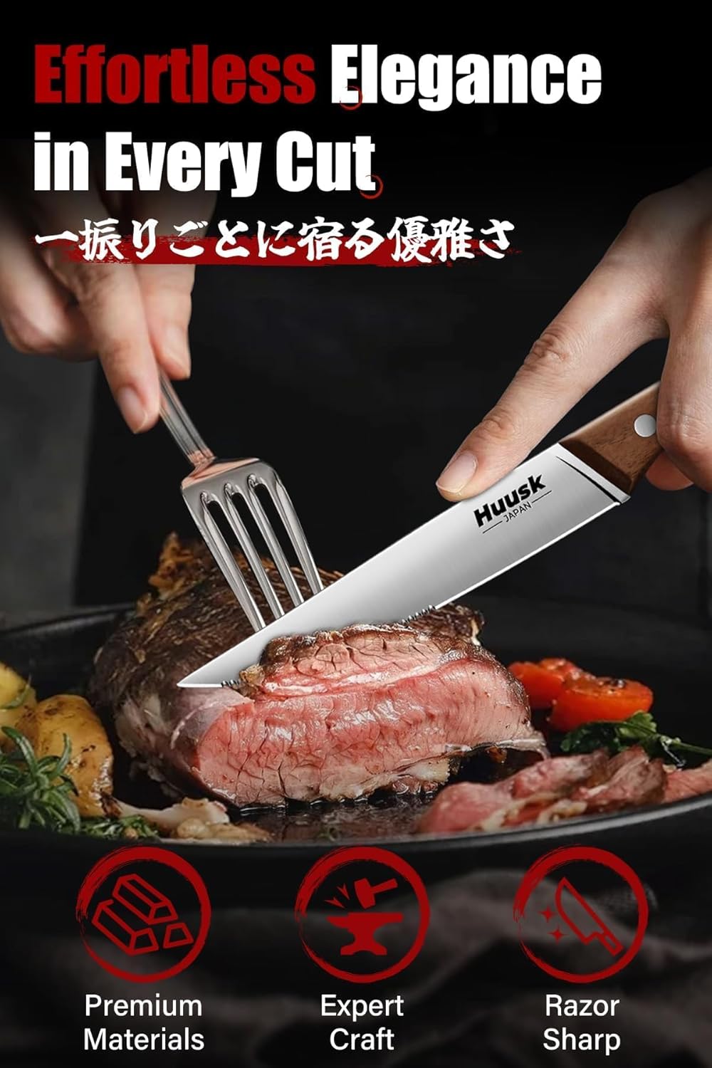 Steak Knives Set of 6 with Drawer Organizer-4.5 in Japanese Serrated Steak Knife Set with Block