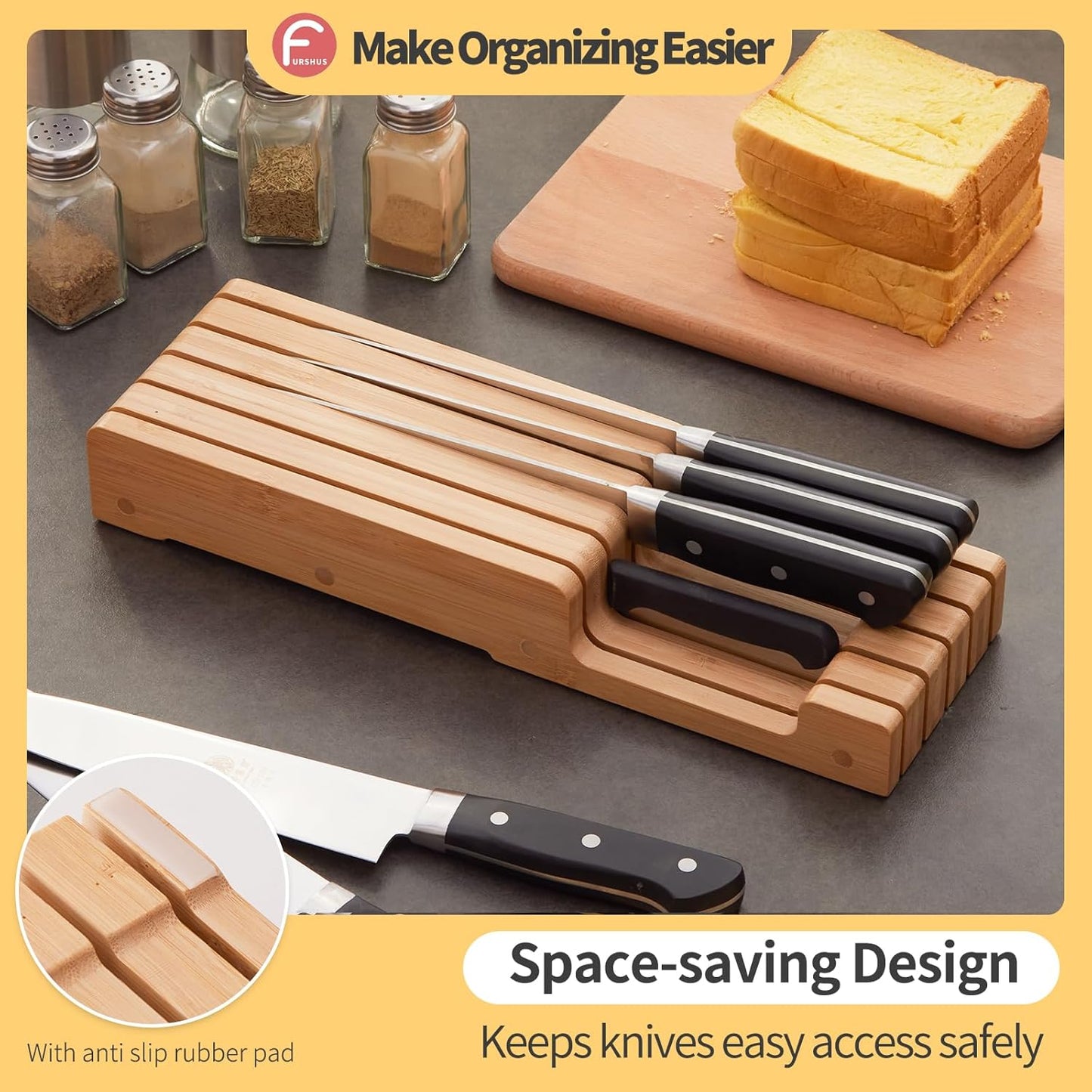 Bamboo Knife Block and In-Drawer Storage, Display Stand and Organizer