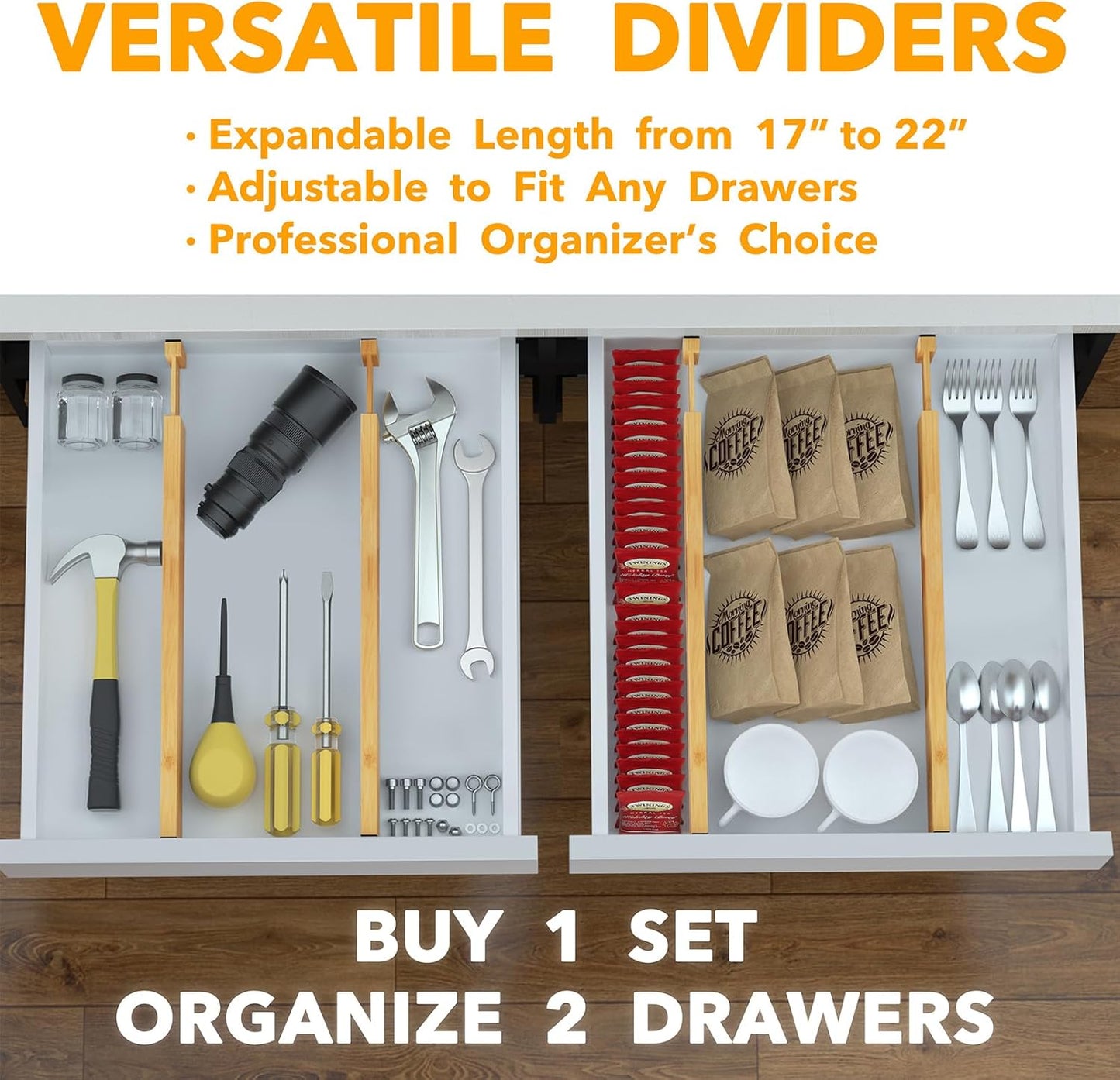 4 Pack Bamboo Drawer Dividers with Labels, Kitchen Adjustable Drawer Organizers