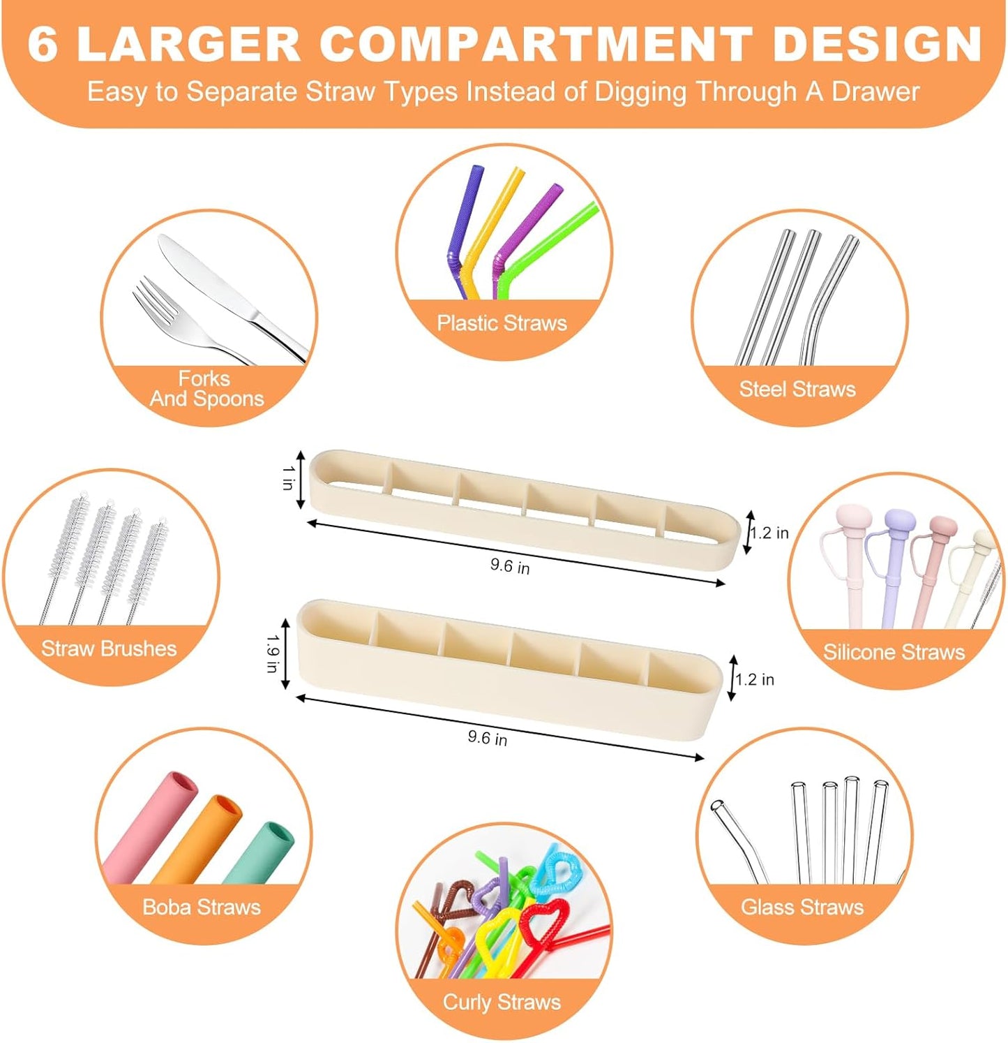 9.6'' Large Straw Holder for Cabinet Door, Soft Silicone Straw Organizer Storage Container