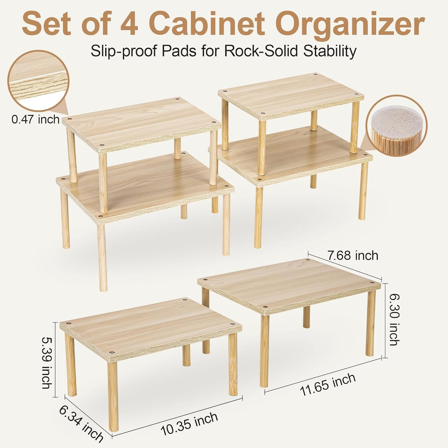 Wood Cabinet Organizer Shelf, Set of 4 Kitchen Counter Shelves