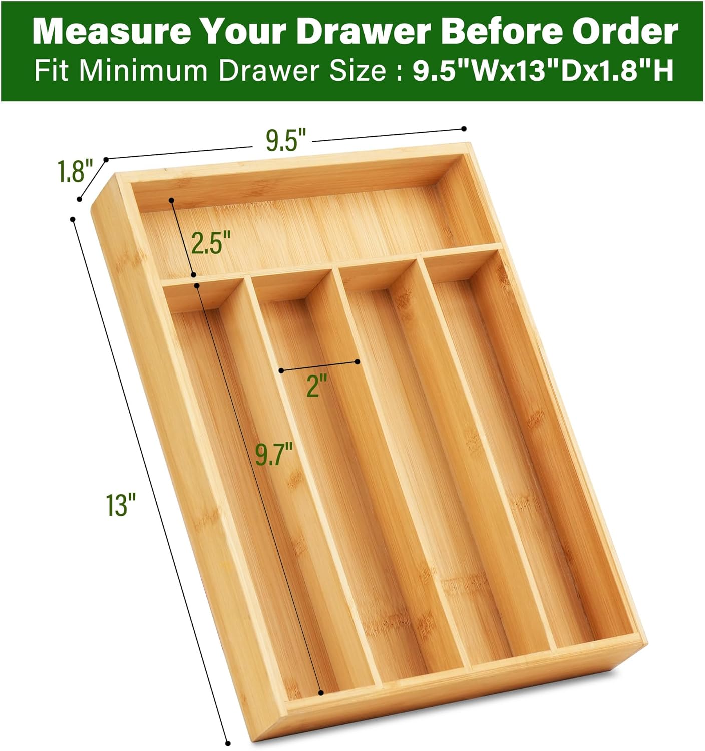 Bamboo Kitchen Drawer Organizer, 9.5 Inch Silverware Tray for Small Drawer