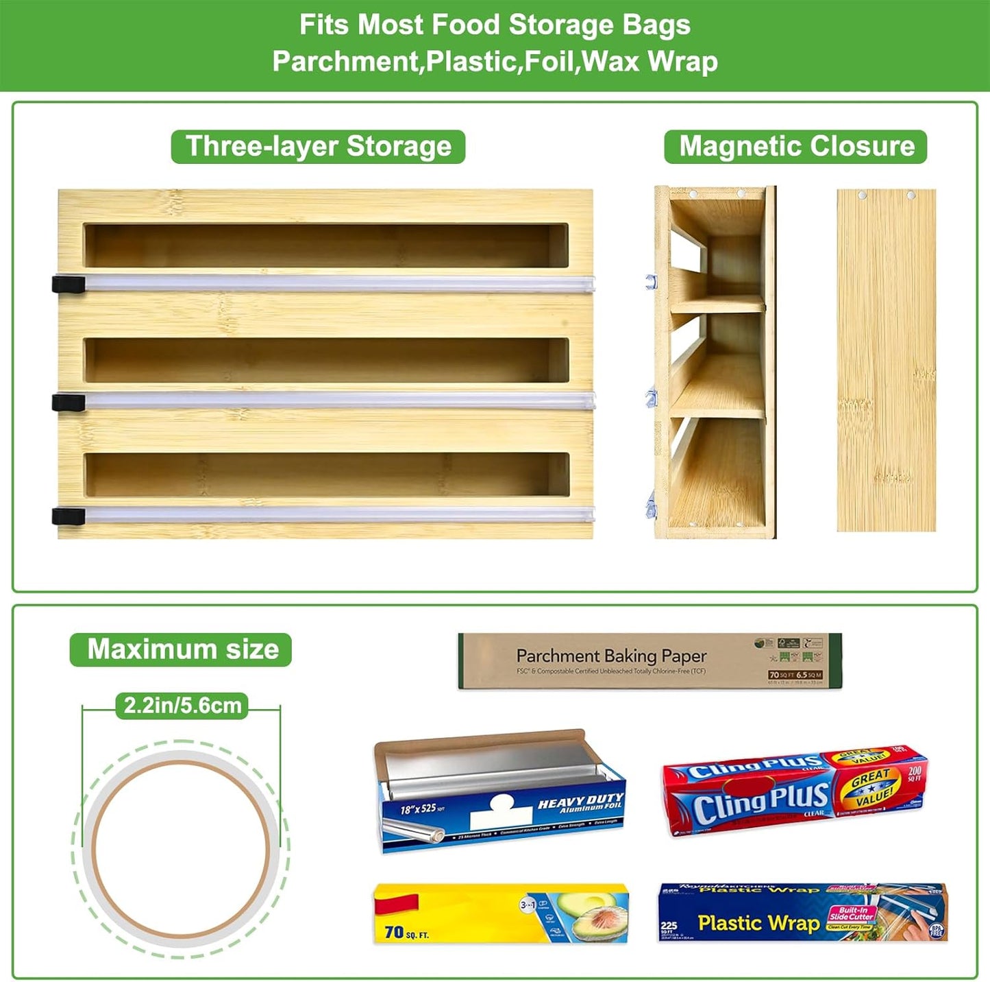 Magnetic Plastic Wrap Dispenser with Cutter, 3 in 1 Refrigerator Bamboo Organizer for Tin Foil
