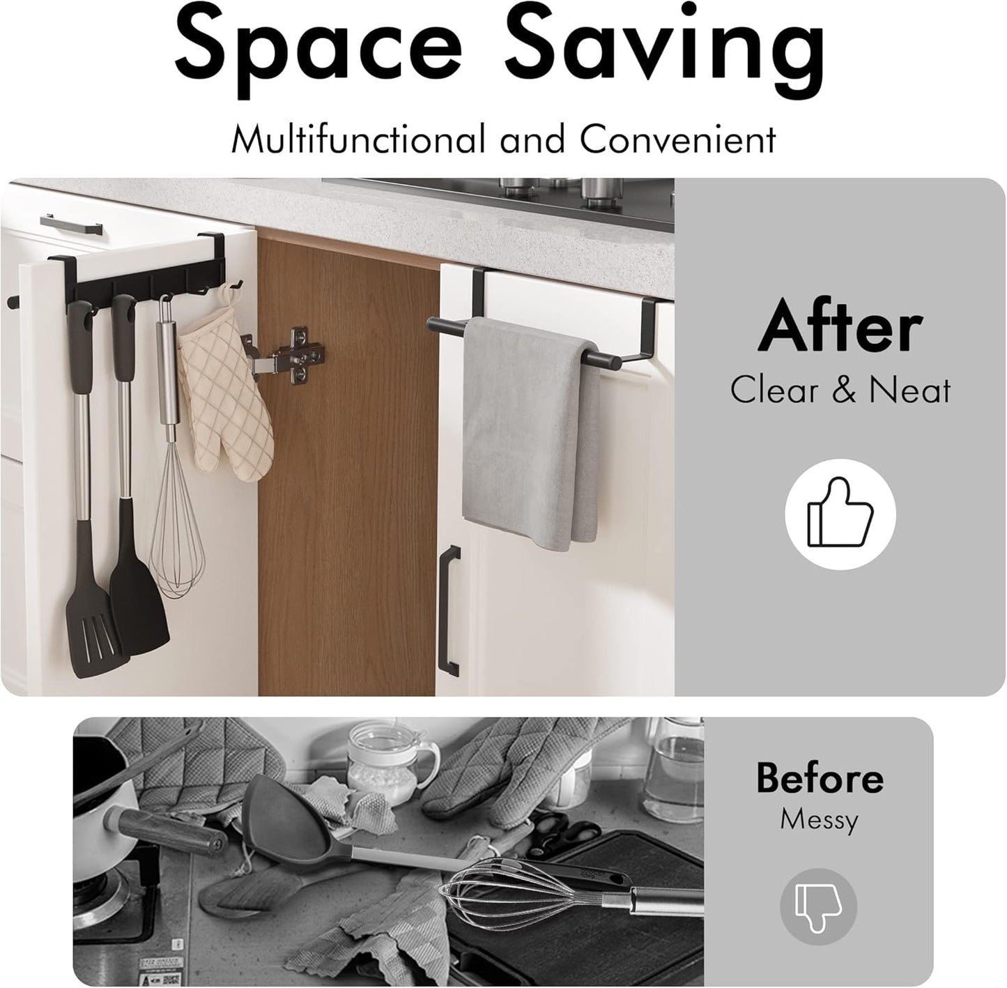 Over The Cabinet Door Towel Bar with Hooks, Kitchen Towel Holder with Hooks for Hanging Utensils