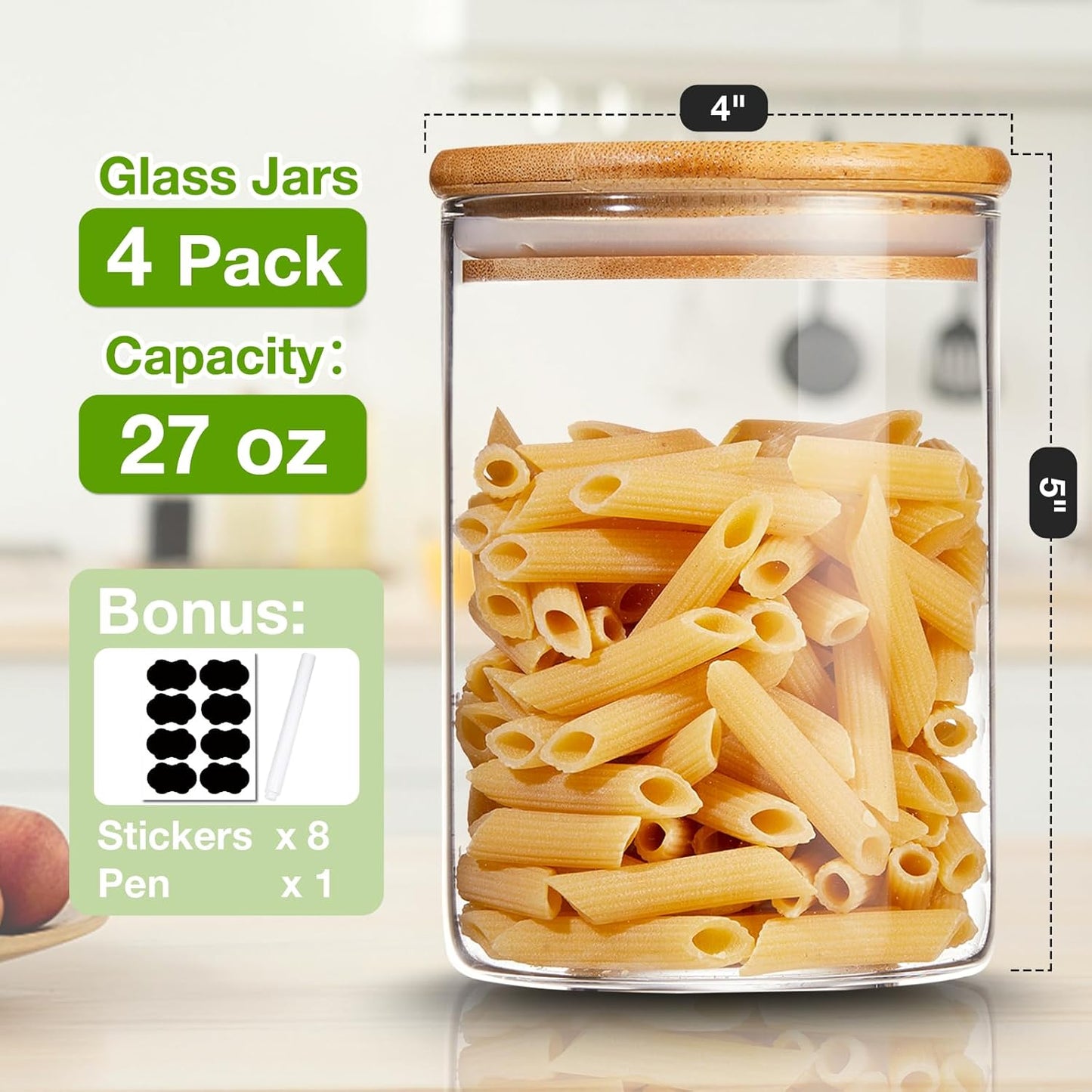 4 Pack Glass Storage Jars with Airtight Bamboo Lid, 27 OZ Glass Canisters Set with Labels