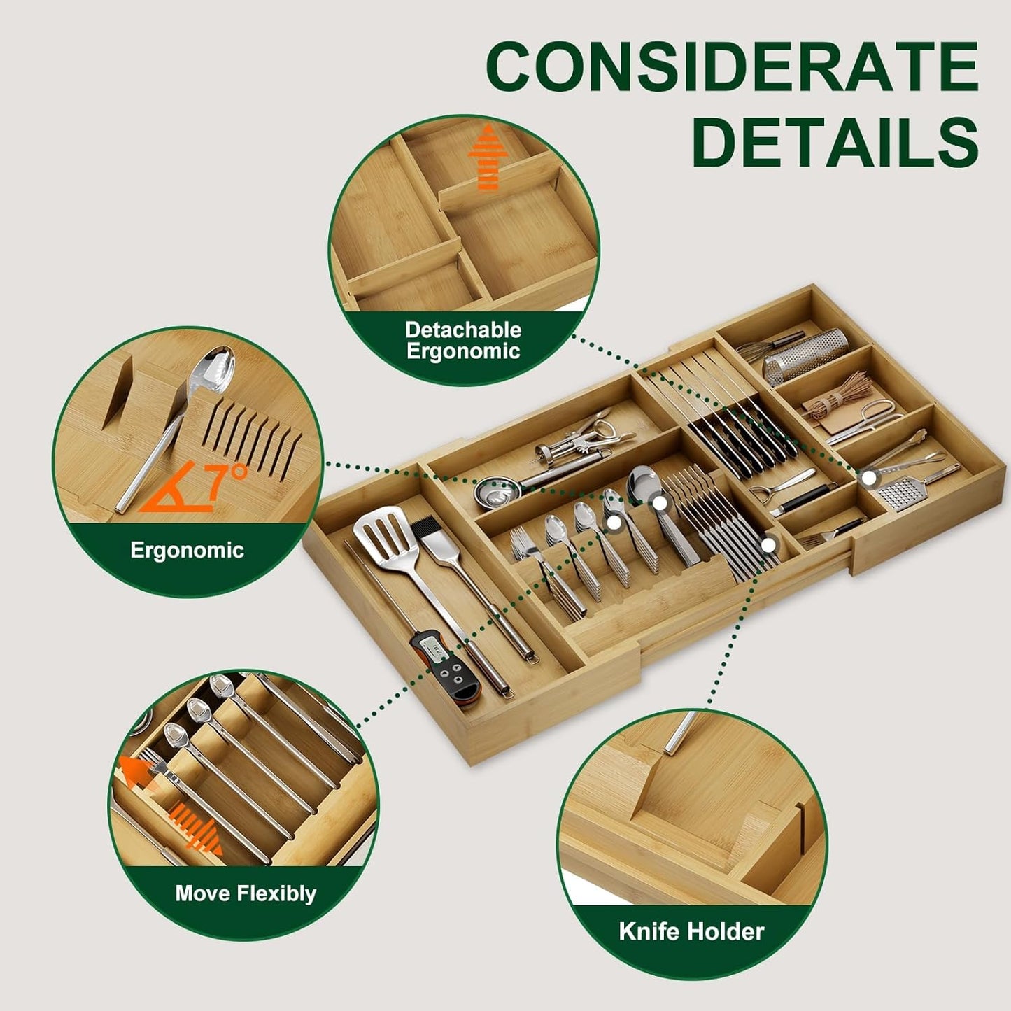 Bamboo Silverware Drawer Organizer, 17.7-29.5 Inch Expandable Large Kitchen Drawer Organizer