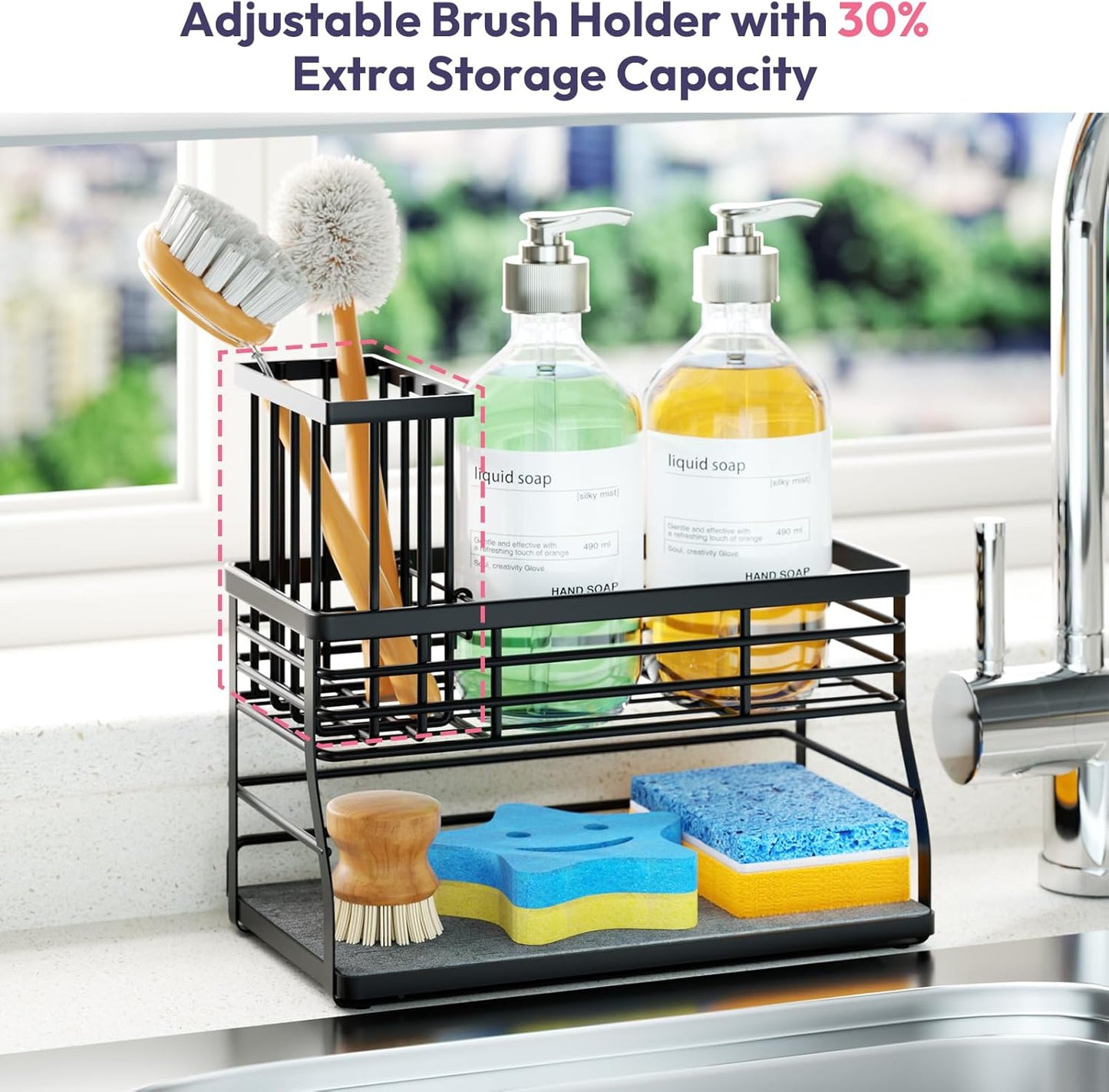 Sponge Holder for Kitchen Sink - 2 Tier Rustproof Sink Caddy with Instant Drying Stone