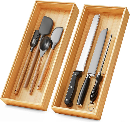 Bamboo Kitchen Drawer Organizer Boxes – 15" x 6" Stackable Wood Silverware Utensil Tray for Drawers Bins, Cutlery & Flatware Storage – Wooden Organizers Set of 2 for Junk Drawer, Bathroom, RV