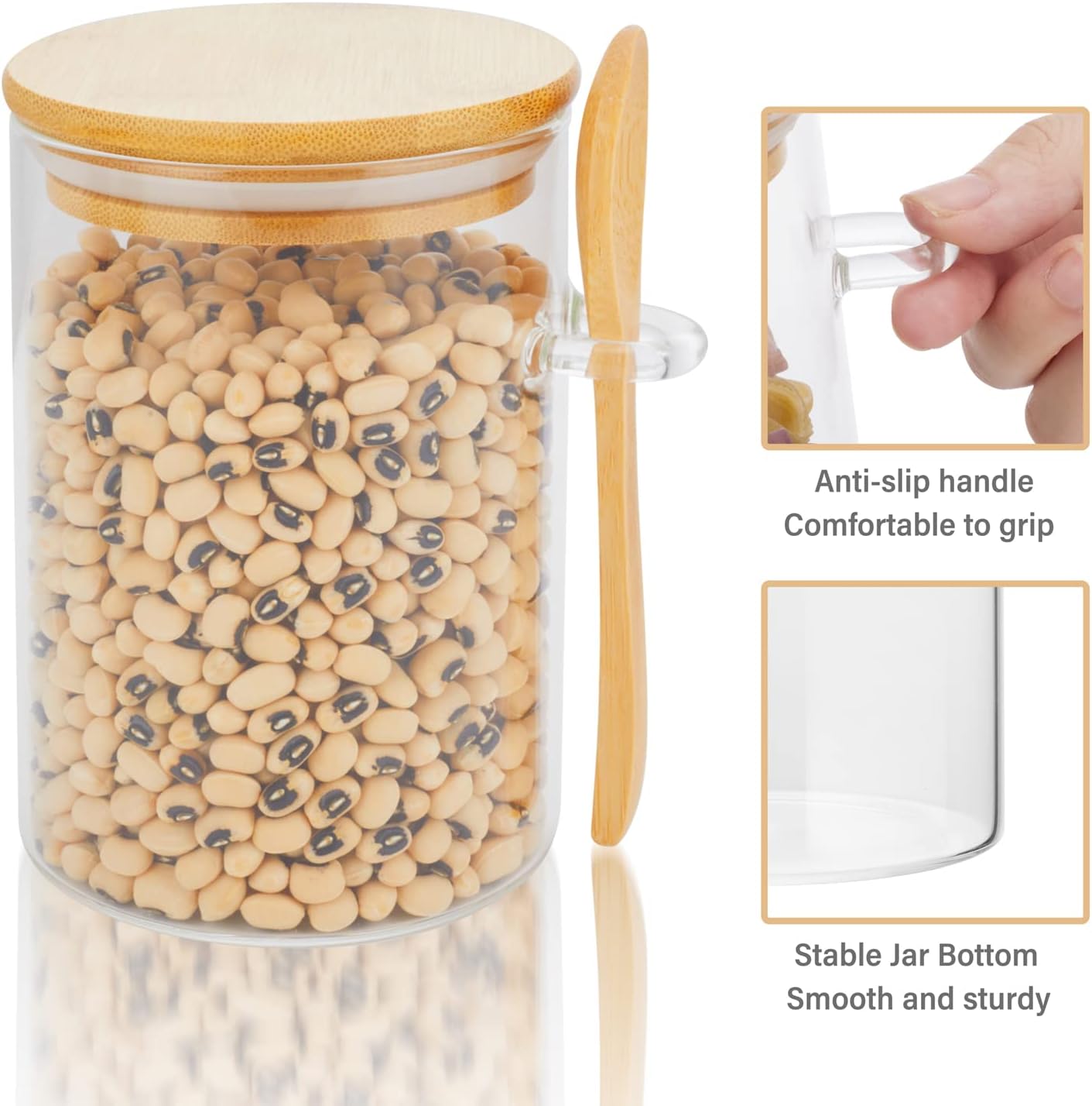 3 Pack Glass Containers Jars with Bamboo Airtight Lid and Spoon, 15Oz Glass Food Storage Canisters