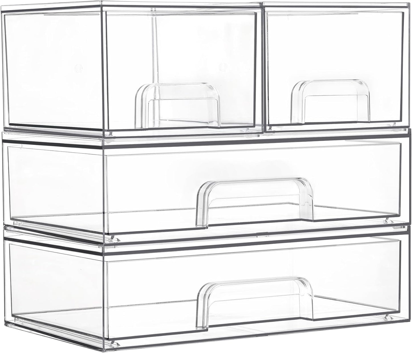 Stackable Storage Drawers Set of 4, Clear Plastic Organizer Bins for Bathroom Supplies,Ideal for Cabinet,Pantry,Laundry Room Organization