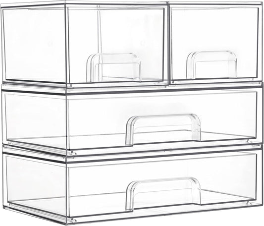 Stackable Storage Drawers Set of 4, Clear Plastic Organizer Bins for Bathroom Supplies,Ideal for Cabinet,Pantry,Laundry Room Organization