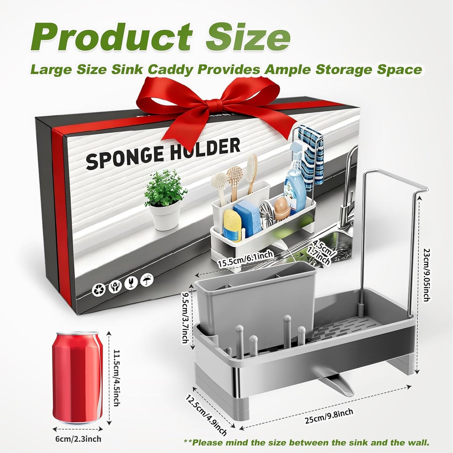 Stainless Steel Sink Caddy, Sponge Holder for Kitchen Sink with Brush Holder Dishcloth Rack