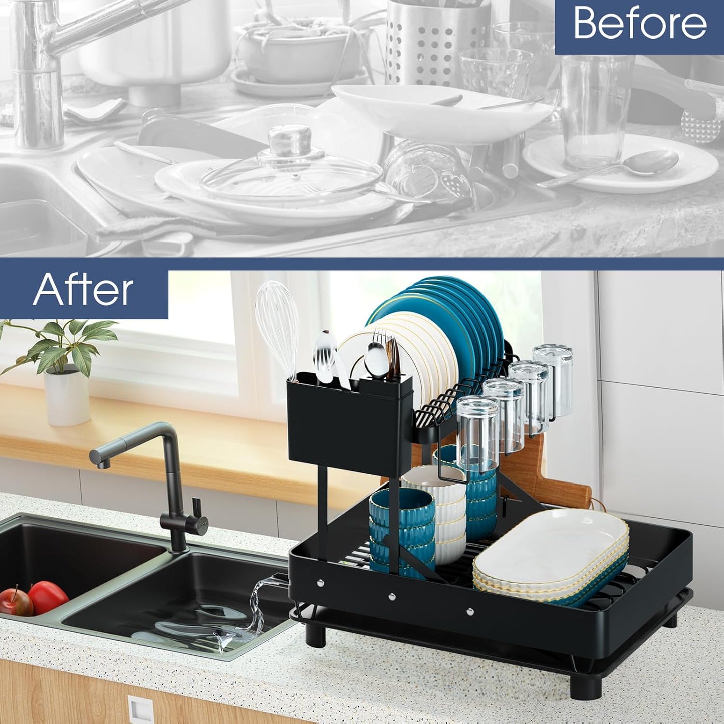 Dish Drying Rack for Kitchen Counter, Stainless Steel 2 Tier Dish Rack w Drainboard