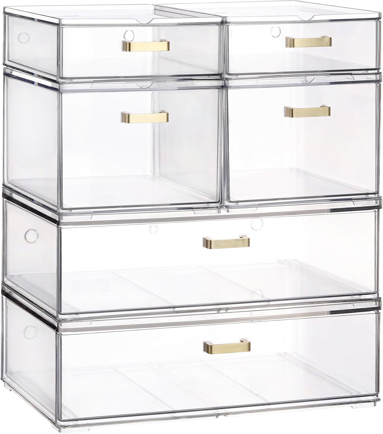 Stackable Storage Drawers, 6 Pack Clear Acrylic Organizer Bins with Golden Handles