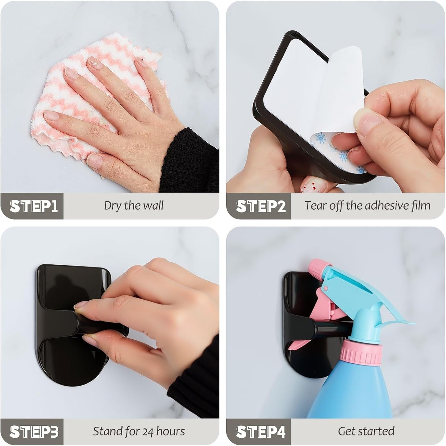 4 Pcs Wall Mount Spray Bottle Hooks Holder Spray Bottle Hanger Adhesive Hook to Create Storage Space Rack Organizer Hanger for Cabinet Kitchen Variety Surfaces (Black)
