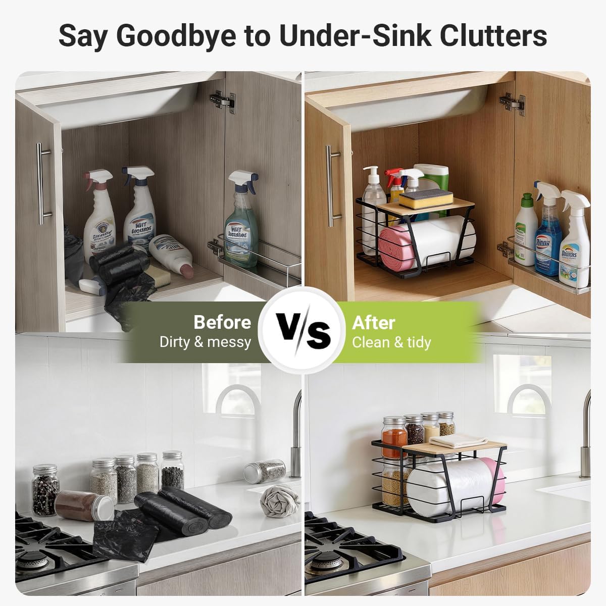 2 in 1 Trash Bag Dispenser Under Sink, Large Garbage Bag Roll Holder with Bamboo Lid