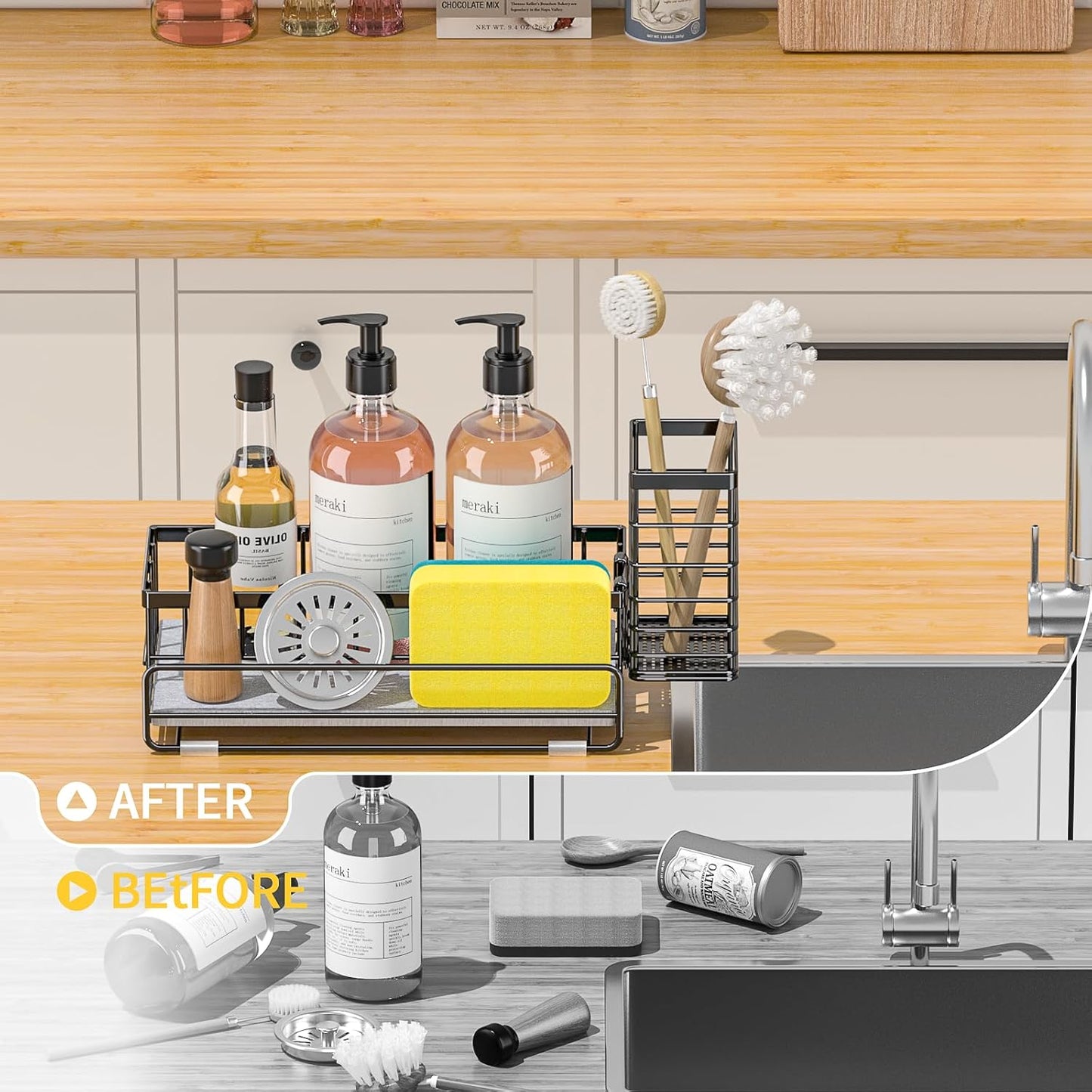 Large Family-Sized Sponge Holder for Kitchen Sink Organizer - Sink Caddy with Instant Drying Stone