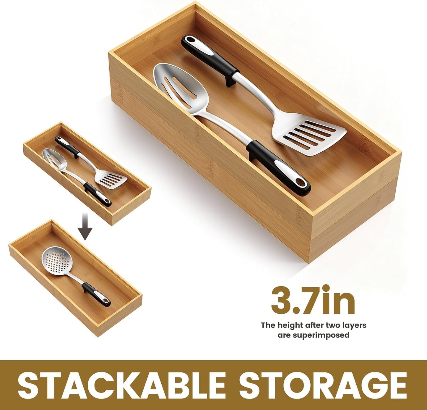 Bamboo Drawer Organizer, Stackable Utensil Trays for Kitchen, Wood Silverware Organizer for Drawer