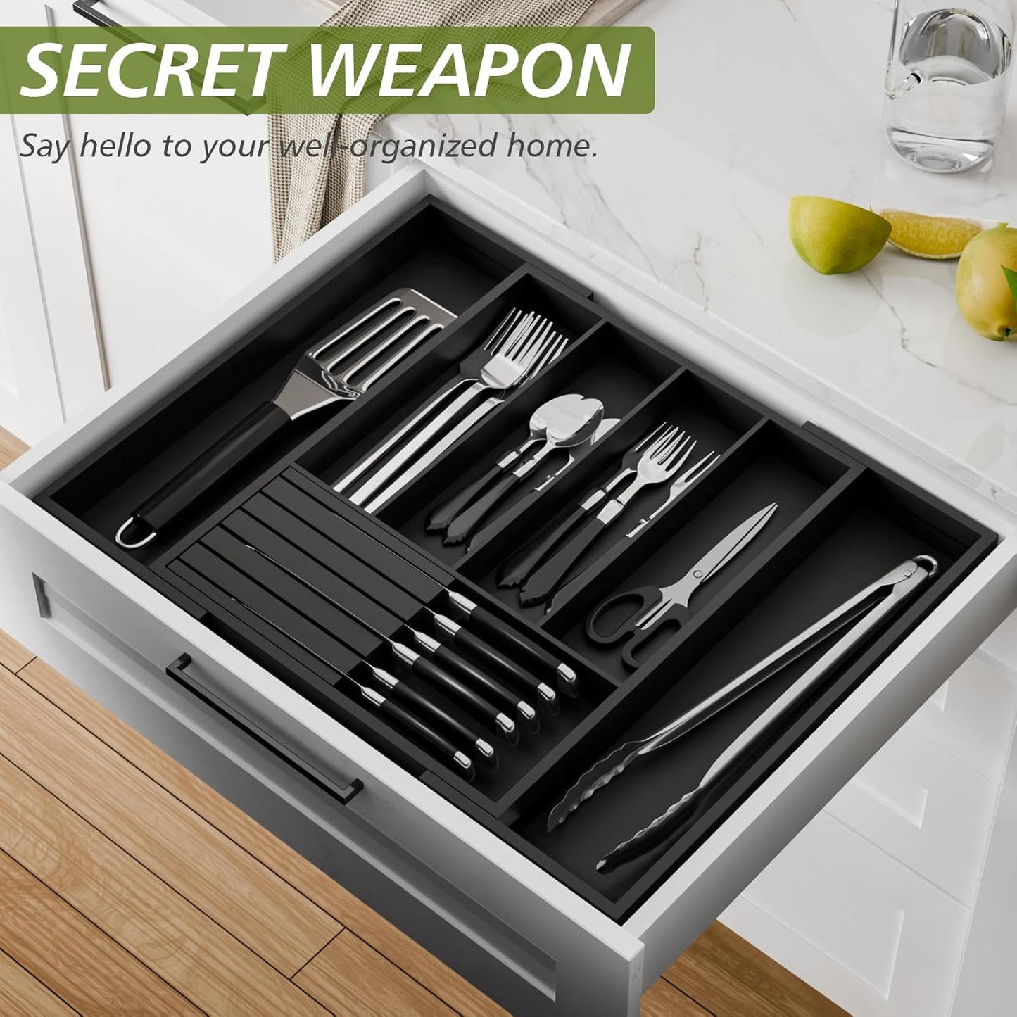 Bamboo Kitchen Silverware Drawer Organizer - Expandable Wood Utensil Holder with Dividers