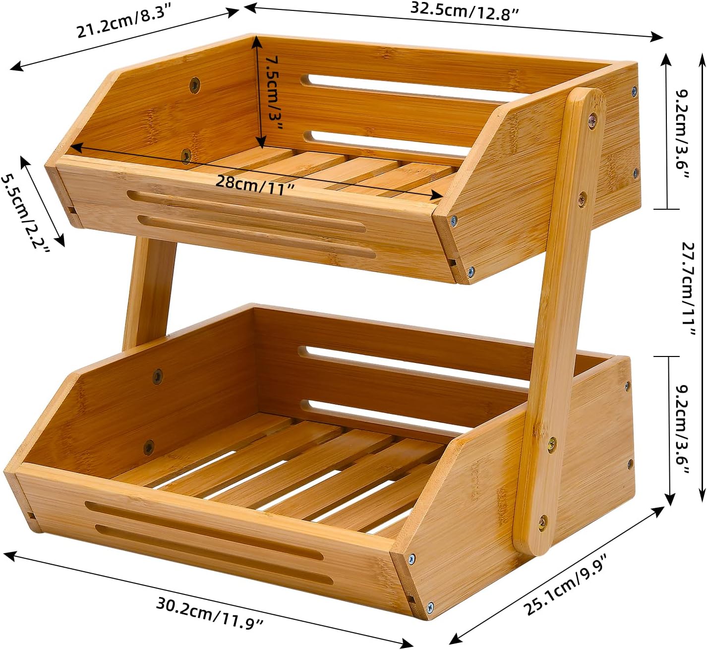 Fruit Basket, 2 Tier Bamboo Fruit Basket for Kitchen, 11" Tall Fruit Stand Storage Holder