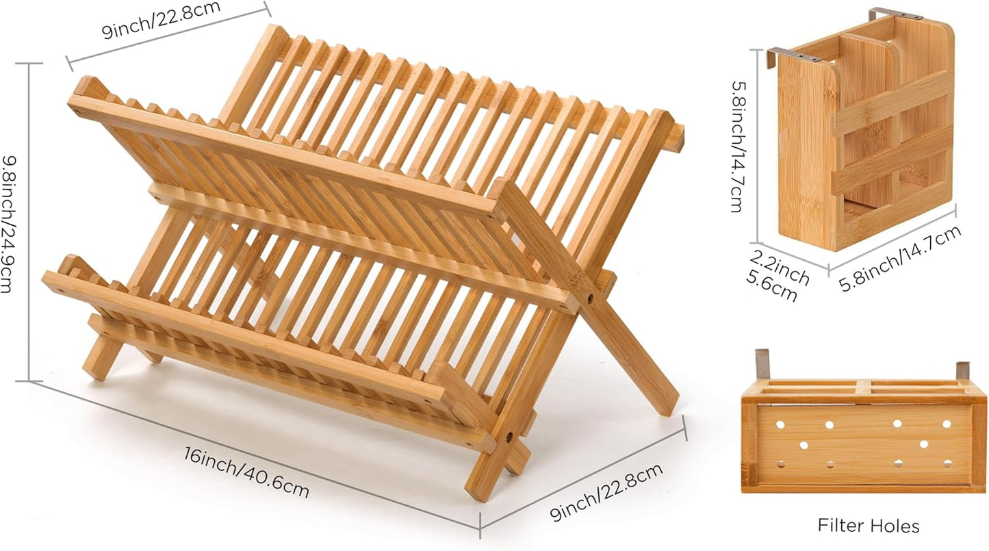 Bamboo Dish Drying Rack with Utensil Holder, 2 Tier Collapsible Dish Rack for Kitchen Counter