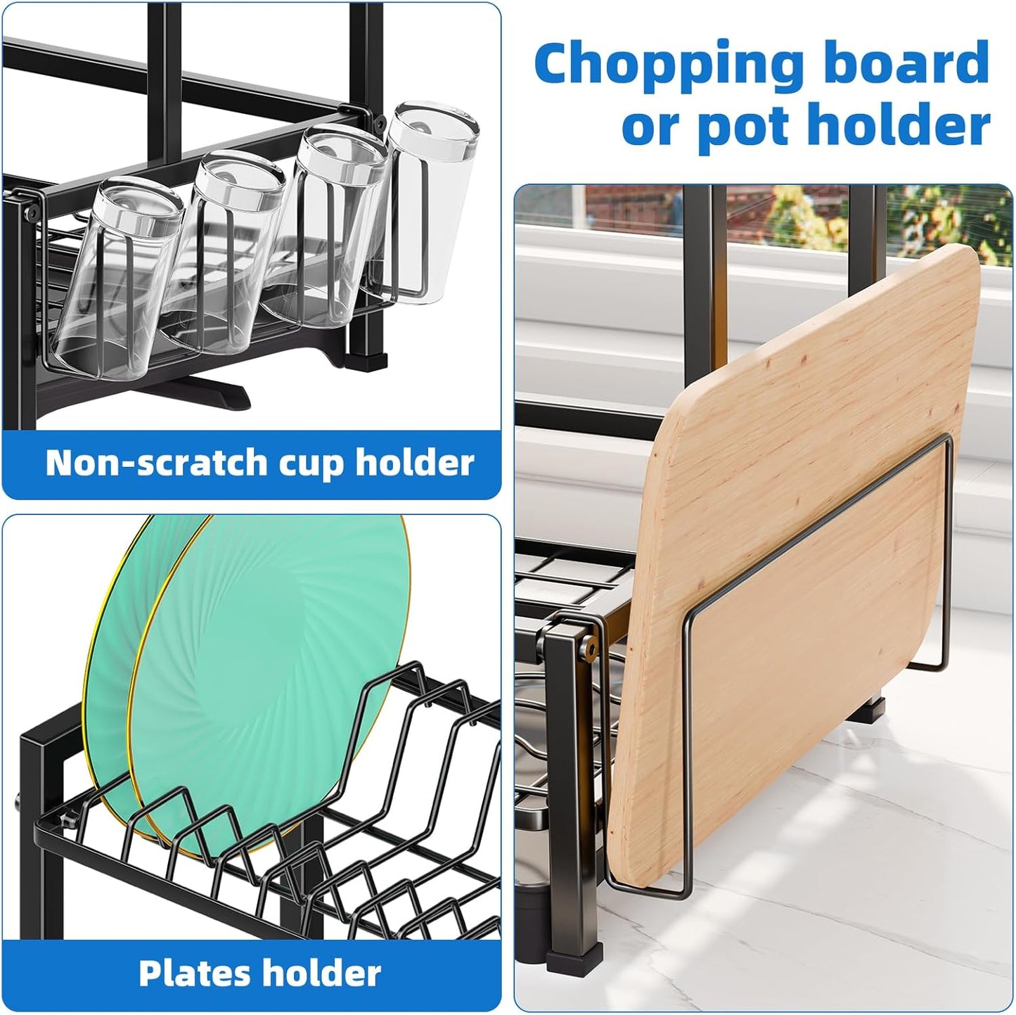 Dish Drying Rack, 2-Tier Dish Rack for Kitchen, Stainless Steel Dish Drainer, Black
