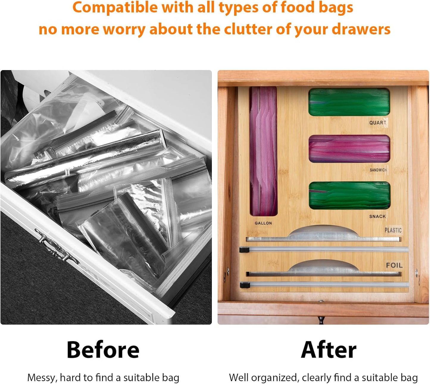 Storage Bag Organizer with Foil and Plastic Wrap Organizer , Aluminum Foil Dispenser with Cutter