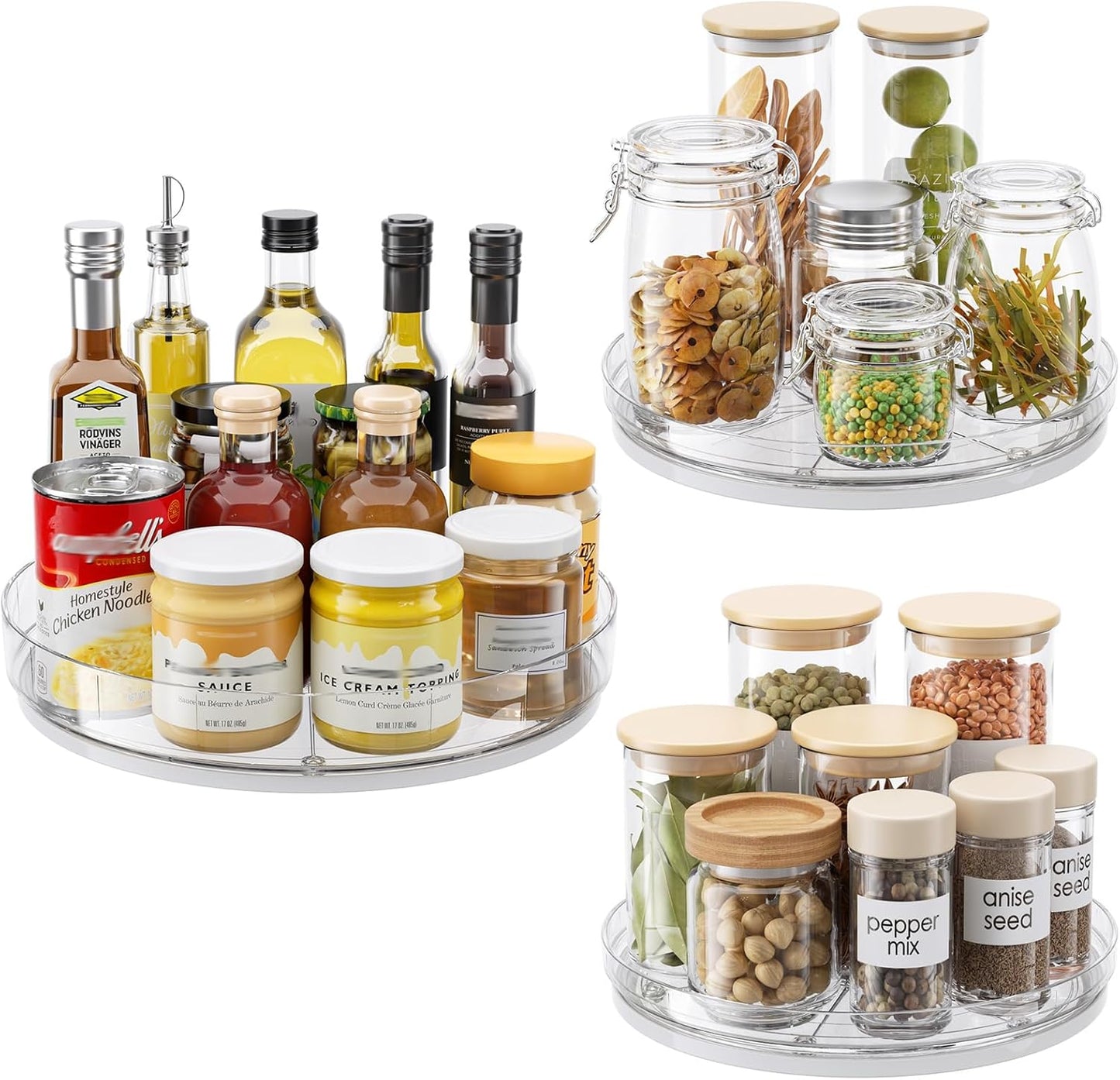 3 Pack Lazy Susan Organizer, Clear Lazy Susan Turntable for Cabinet, Spice Organizer for Pantry