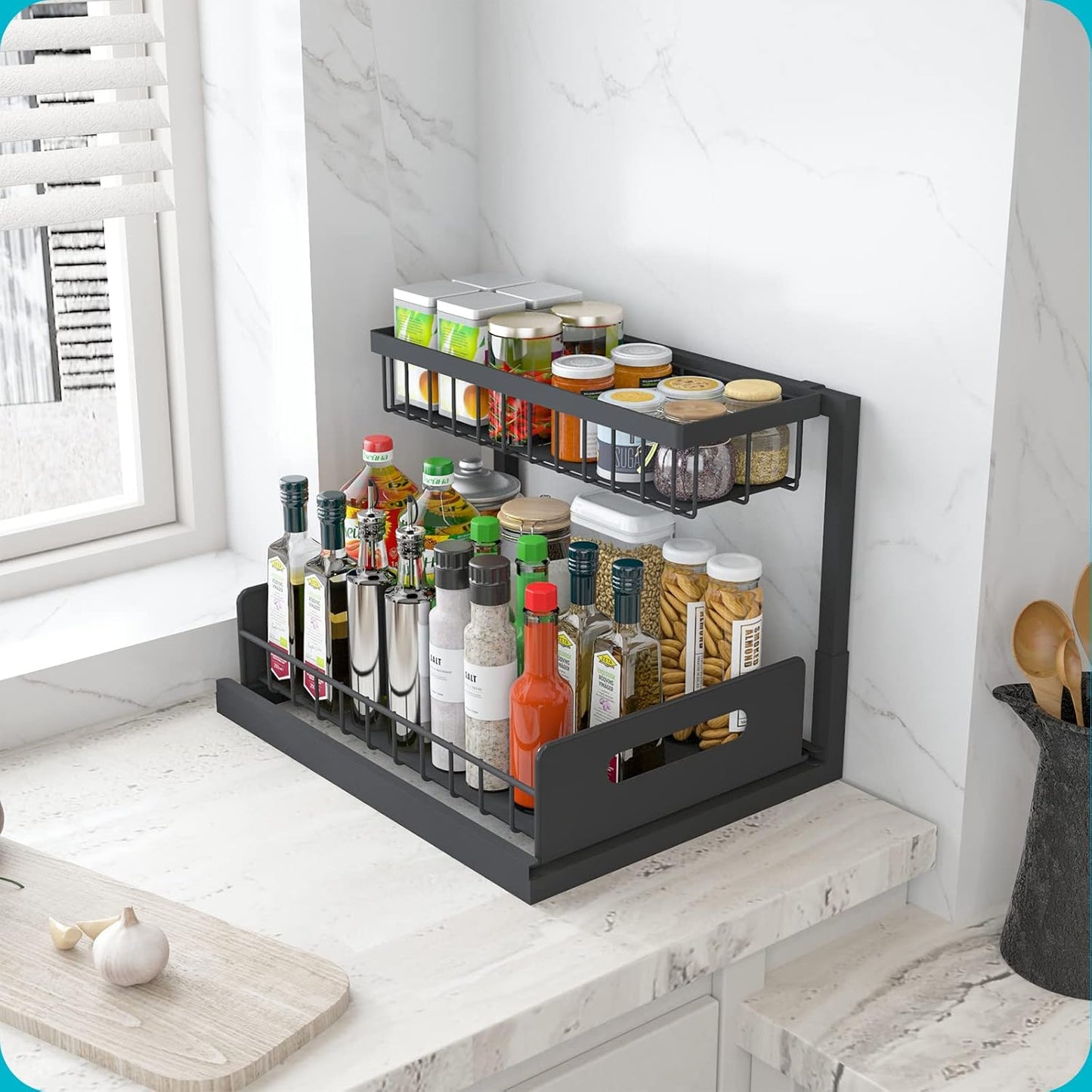 Under Sink Organizer, L-Shaped 2 Tier Pull Out Cabinet Organizer for Kitchen and Bathroom