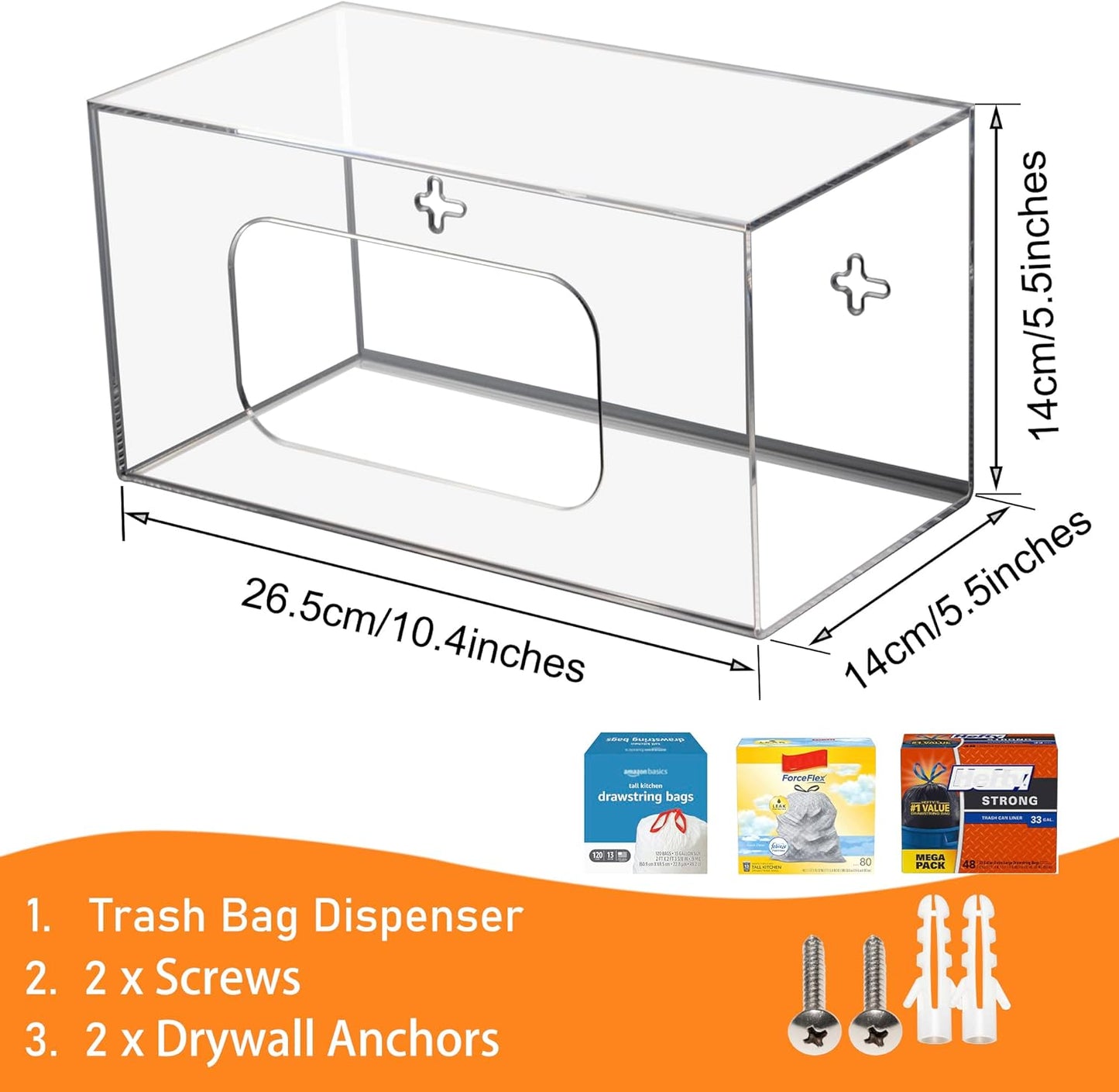 Trash Bag Dispenser Roll Holder, Wall Mount Acrylic Kitchen Organizer Storage Box Holder for Garbage Bag Grocery Bag Plastic Shopping Bag Roll Container (10.4 x 5.5 x 5.5 inches)