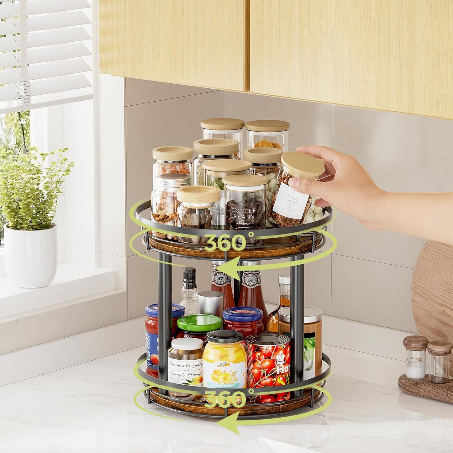 10'' Wood Lazy Susan Spice Rack Organizer, 2 Tier Spice Organization for Cabinet, Countertop