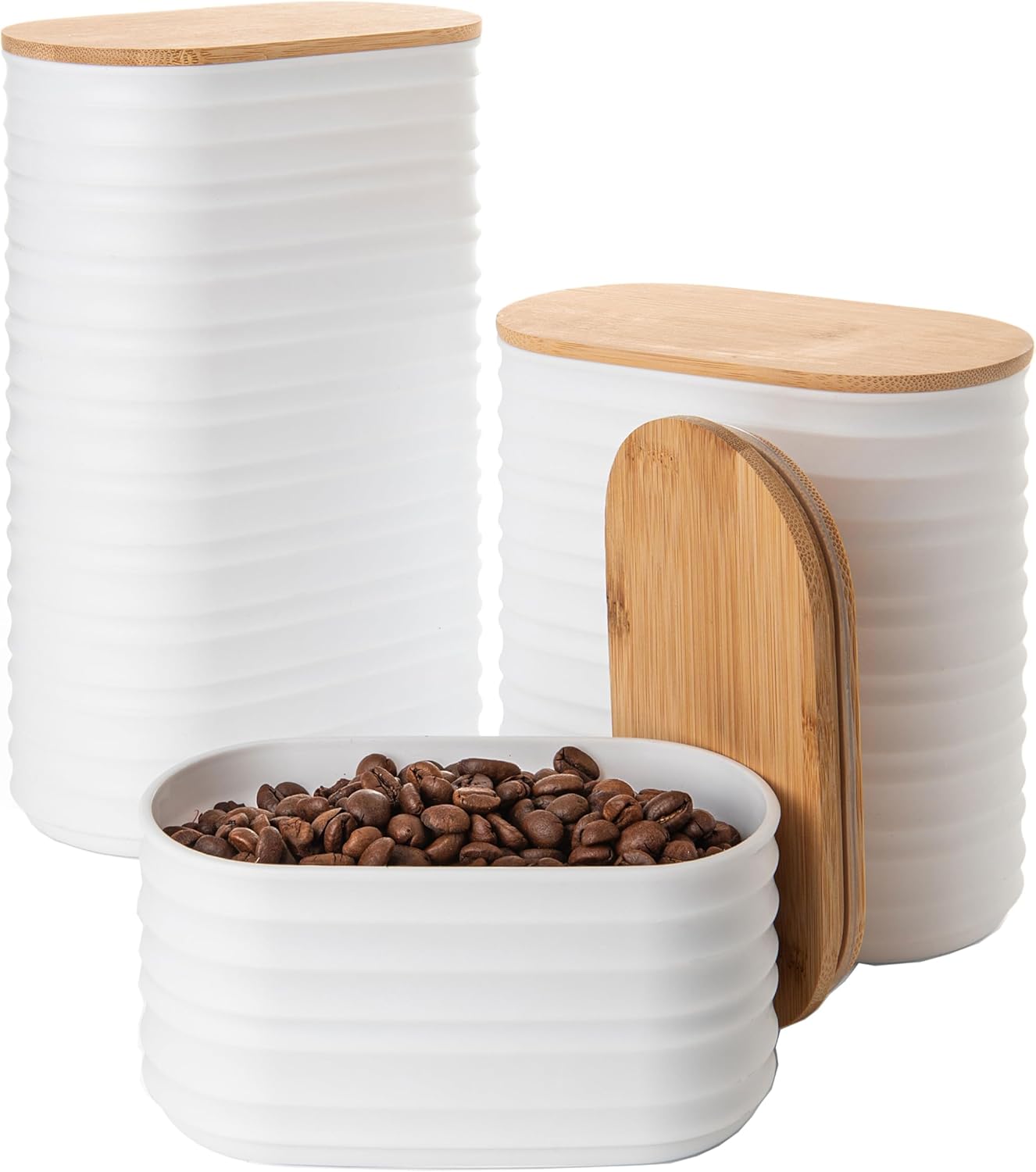 White Canisters Sets for the Kitchen – 3-Piece Airtight Plastic Sugar Container Set with Bamboo Lids in Three Different Sizes – Decorative Modern Storage Jars for Coffee, Tea & Countertops