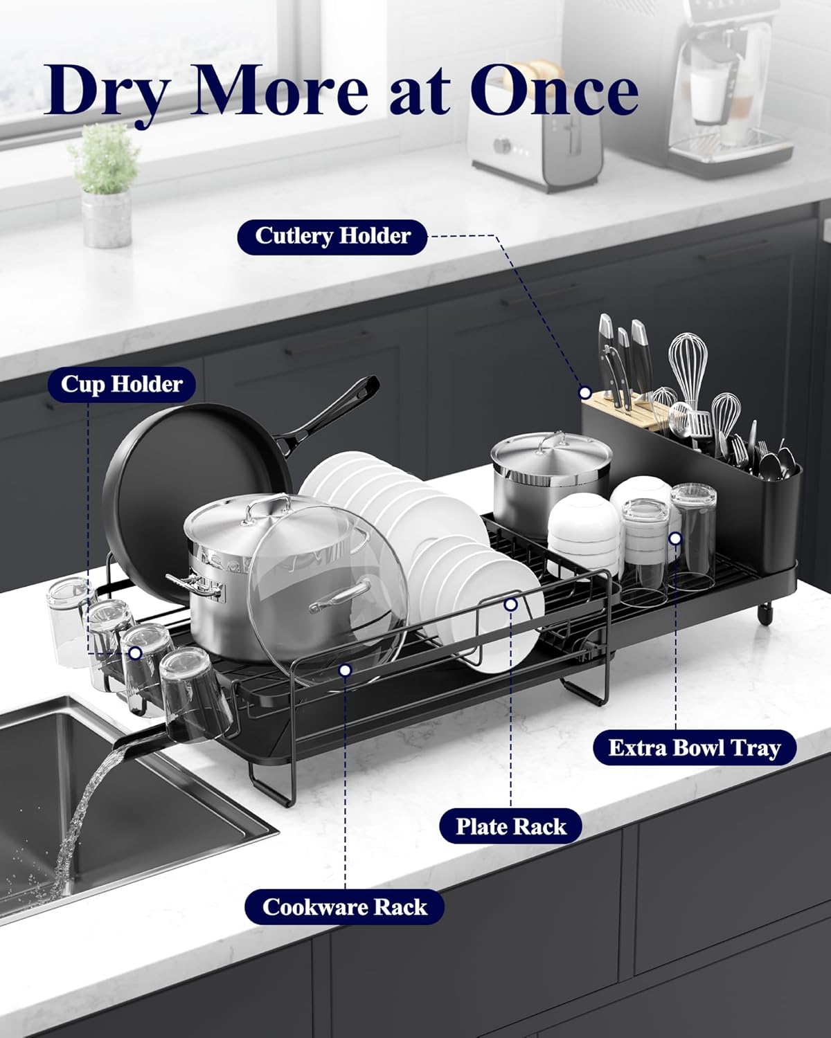 Large Dish Drying Rack - Extendable Dish Rack, Multifunctional Dish Rack for Kitchen Counter