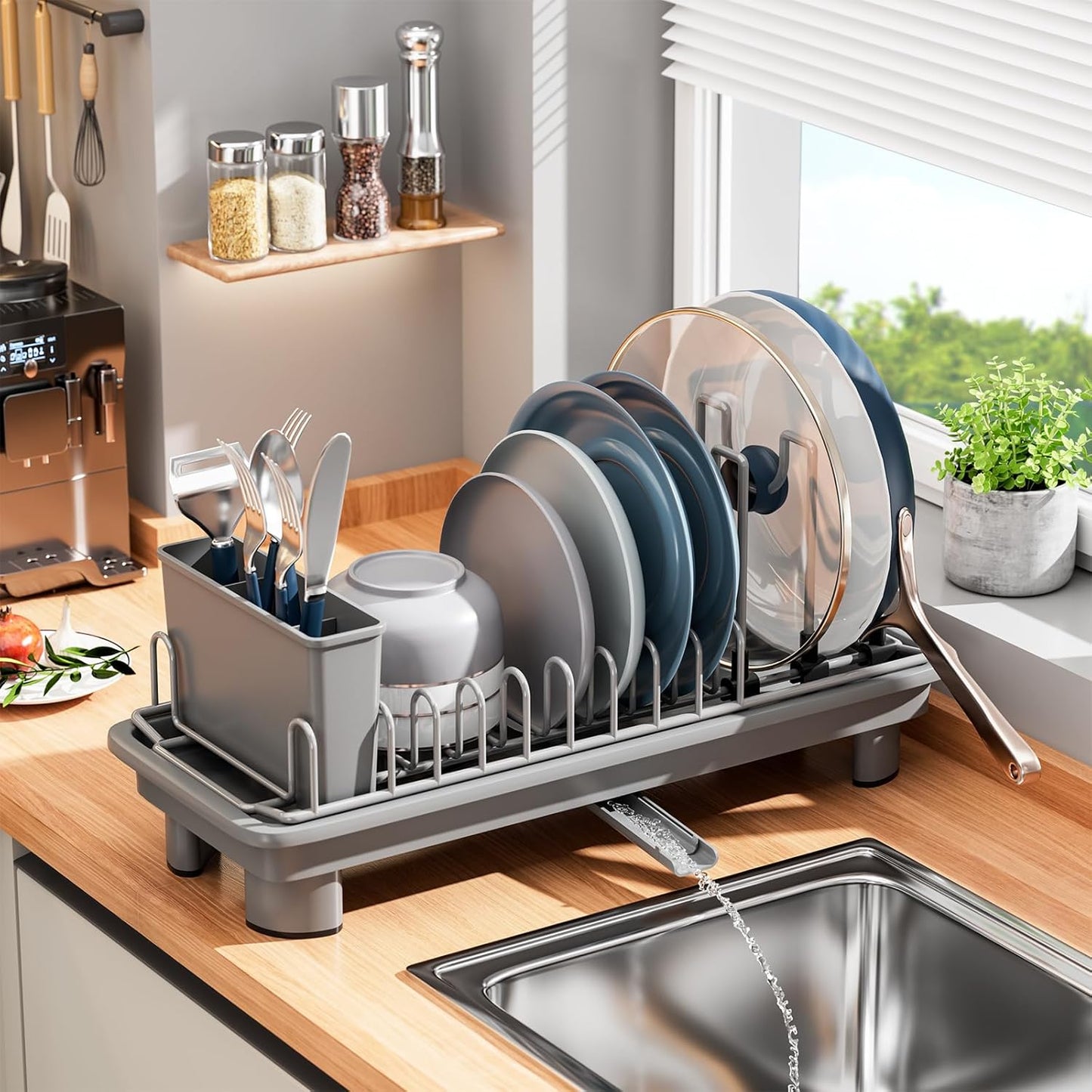 Small Dish Drying Rack with Removable Utensil Holder & Anti-Scratch Base