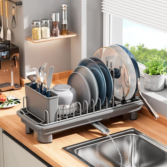 Small Dish Drying Rack with Removable Utensil Holder & Anti-Scratch Base