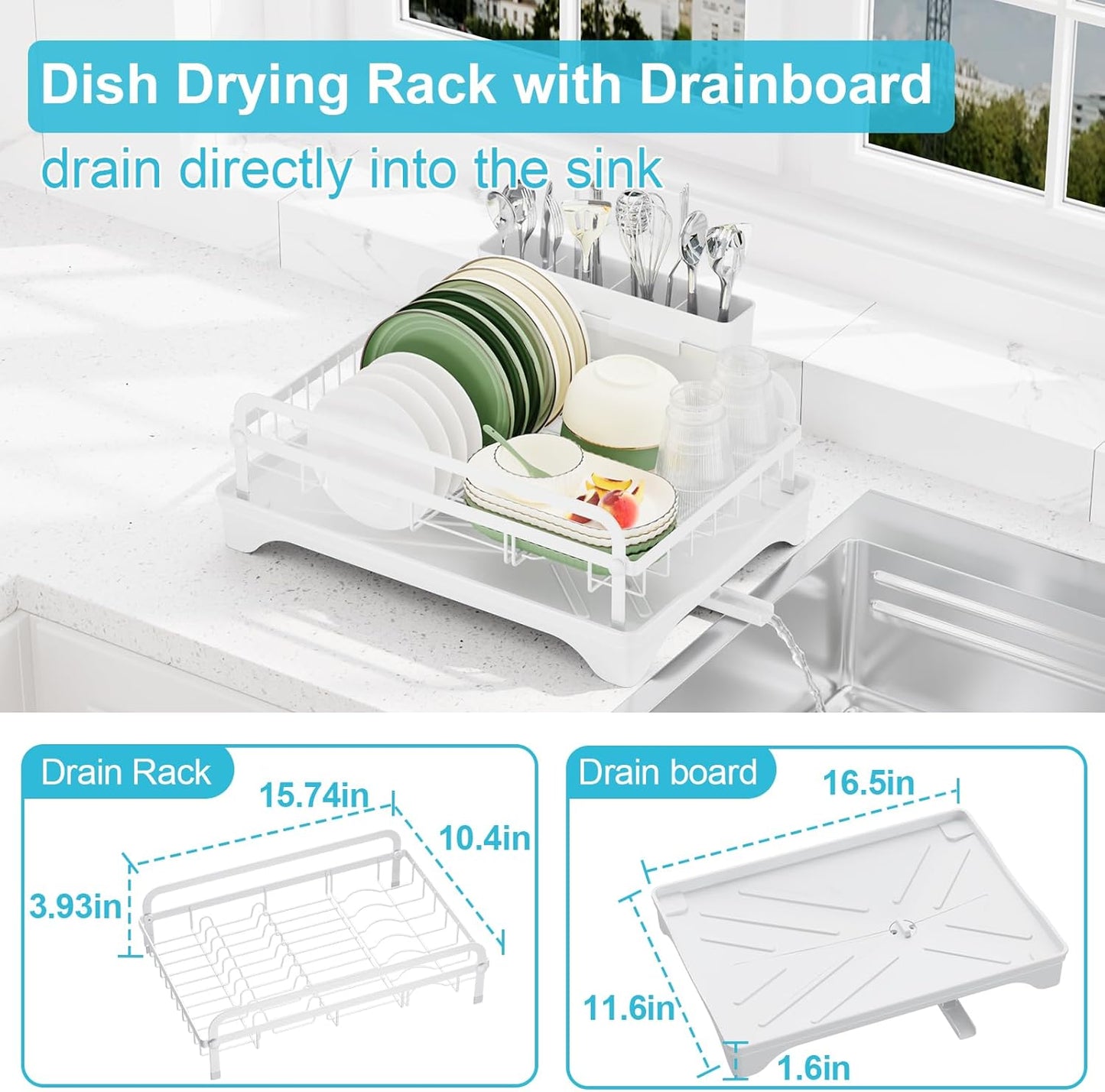 Dish Drying Rack for Kitchen Counter - Large Capacity Dish Drying Rack with Drainboard