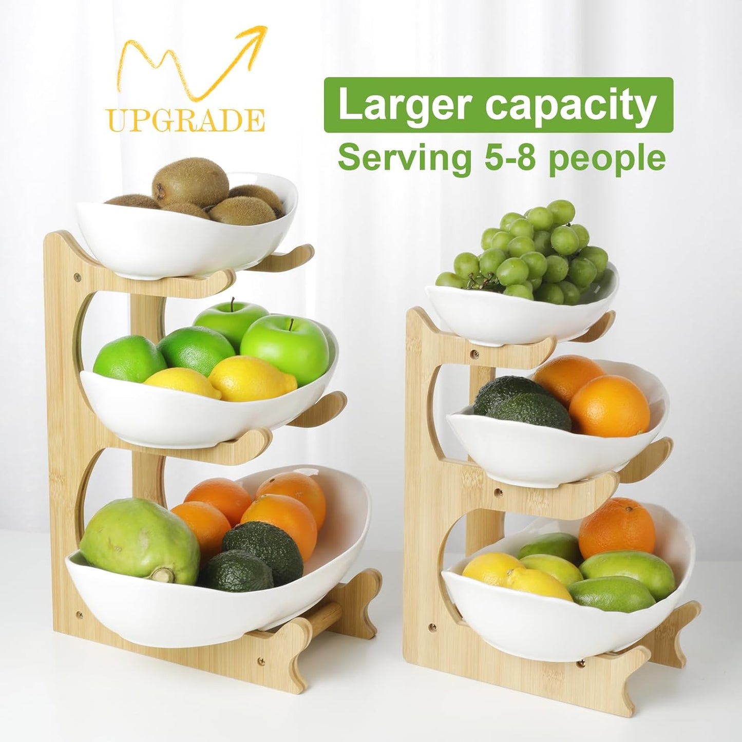 3 Tier Fruit Bowl for Kitchen Counter (PLUS Series) / Ceramic Serving Bowls with Bamboo Stand/Big Size Tiered Fruit Basket for Fruit Vegetable Storage, Dessert, Salad Buffet Server