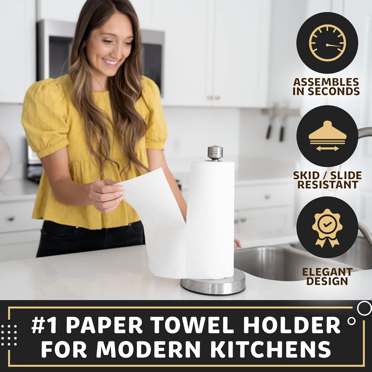 Heavy-Duty Stainless Steel Paper Towel Holder - Easy One-Handed Tear with Suction Cups